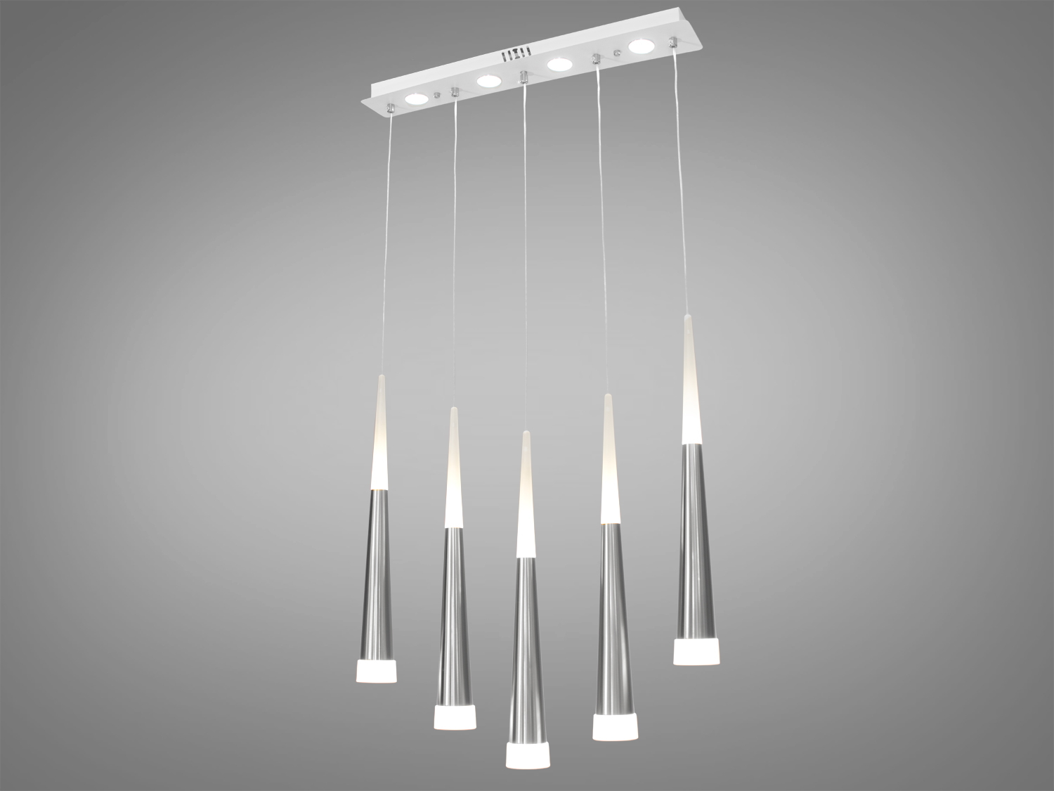 Підвісний світильник з п′ятьма конусоподібними плафонами з металу, ідеально підходить для сучасного інтер′єру, створює м′яке освітлення.