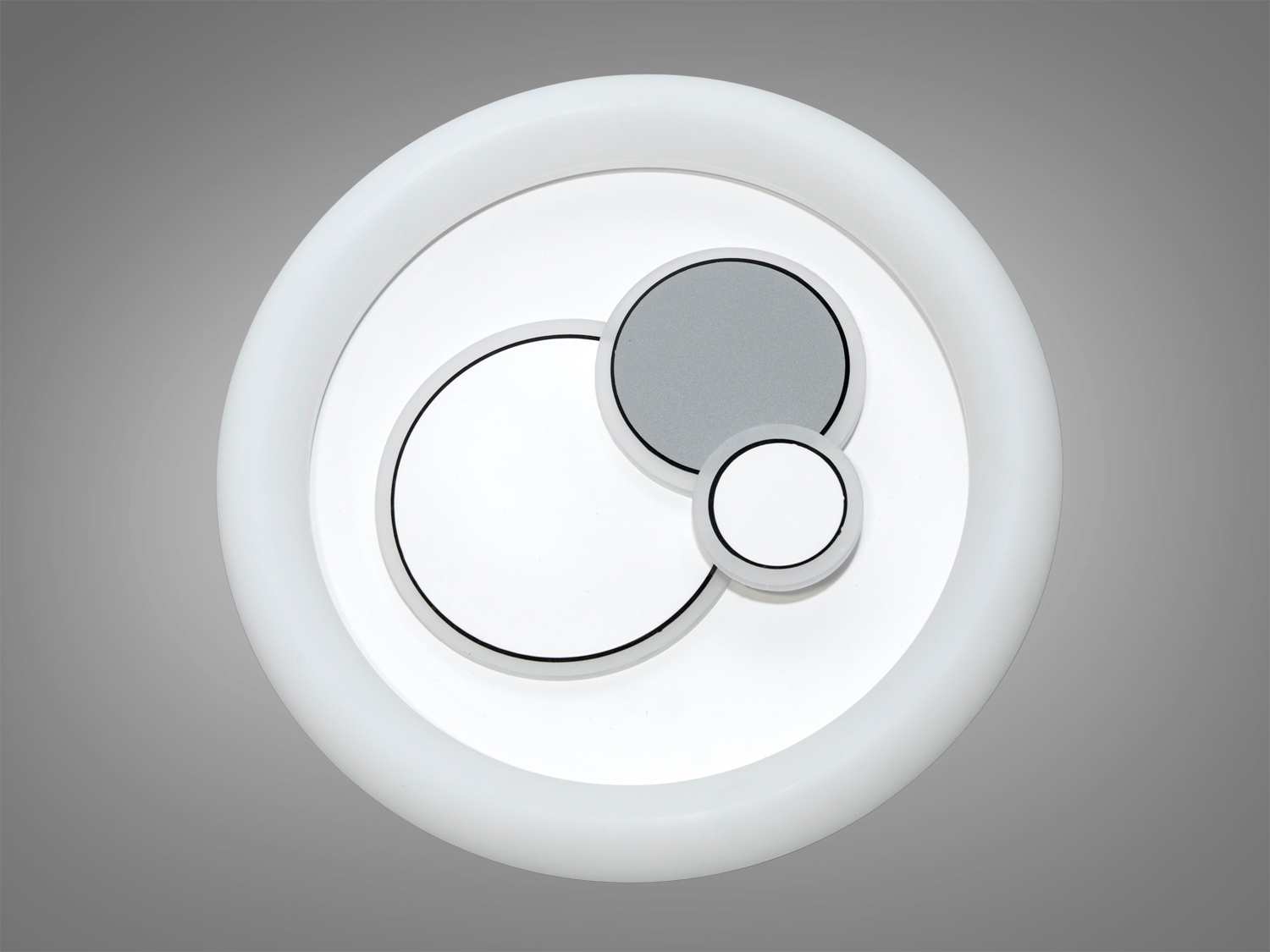 Стельовий світильник з мінімалістичним дизайном, біле кільце з трьома сірими колами. Ідеально для офісних приміщень.