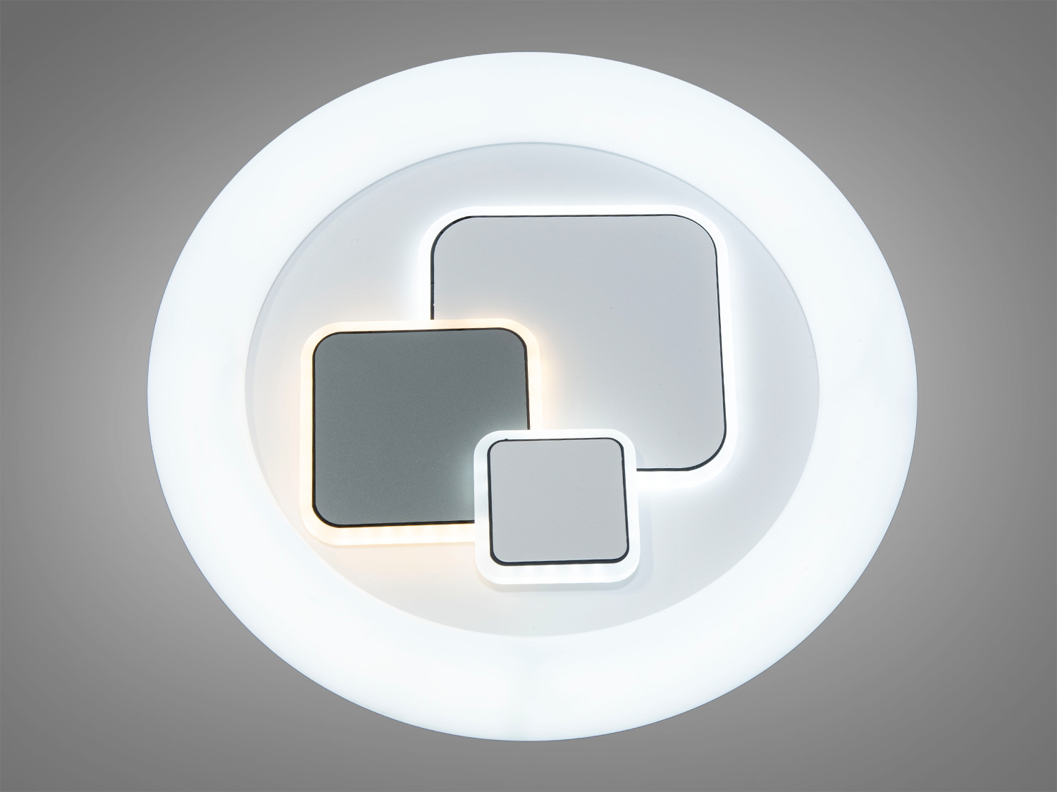 Кругла світлодіодна лампа з трьома квадратними елементами, що створюють унікальний стиль. Підходить для мінімалістичних просторів.