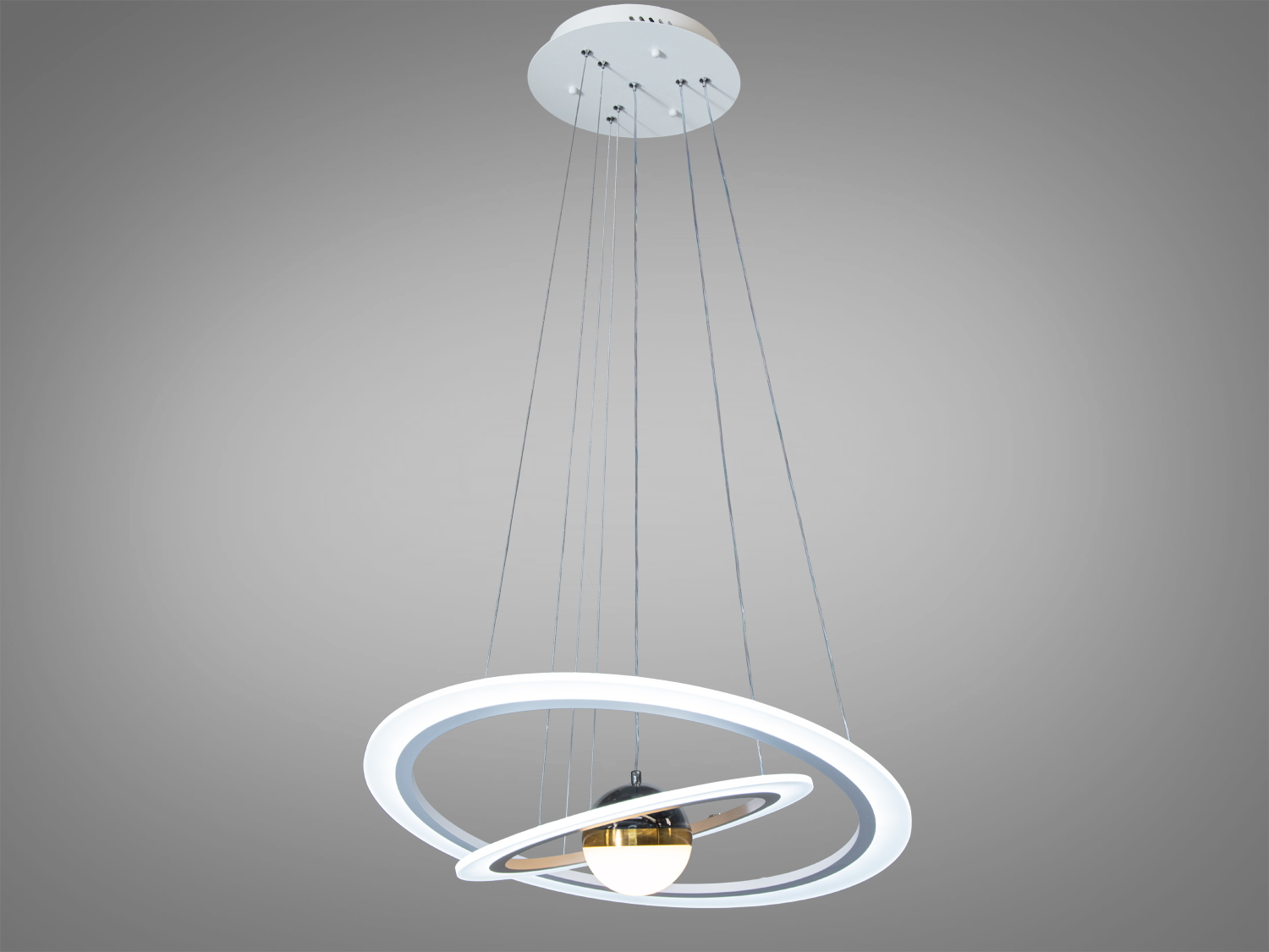 Підвісна лампа з регульованою висотою, оснащена двома кільцями та центральною кулею. Ідеальна для сучасних офісів.