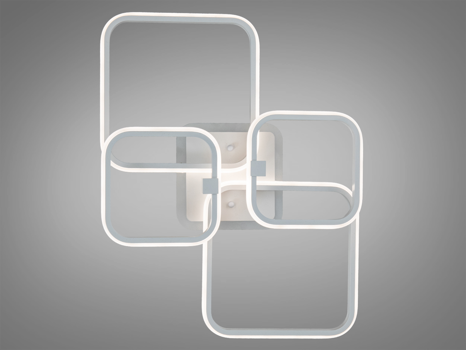 Стельовий світильник з квадратними рамками, що перетинаються, забезпечує рівномірне освітлення. Підходить для сучасного інтер’єру.