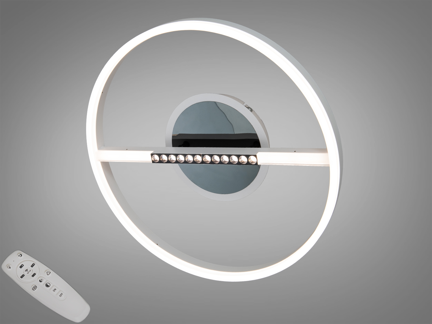 Кругла стельова LED-люстра Diasha 48 W з пультом у білому та чорному кольорі. Підходить для кімнат до 8 м²; зручне регулювання яскравості та рівномірне світло.
