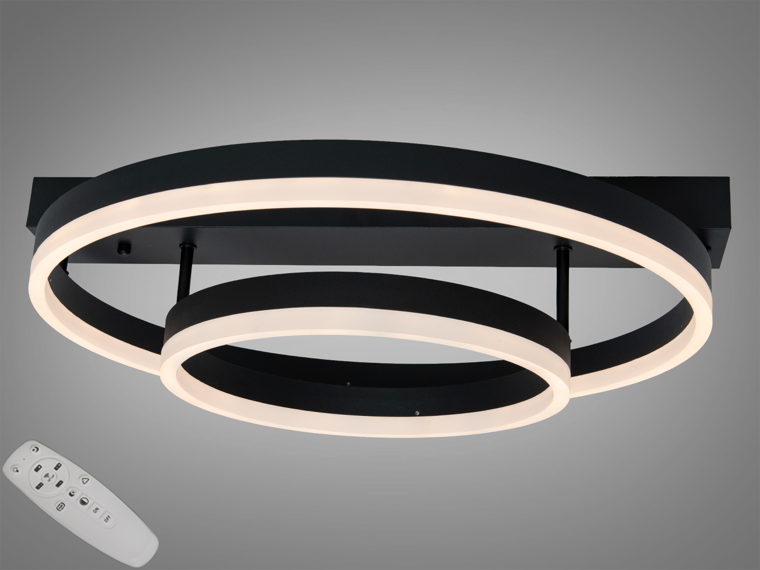 Стельова LED люстра 60W з пультом і димером, чорний матовий корпус, два кільця. Підходить для кімнат близько 8–10 м², режими теплого/нейтрального/холодного світла.