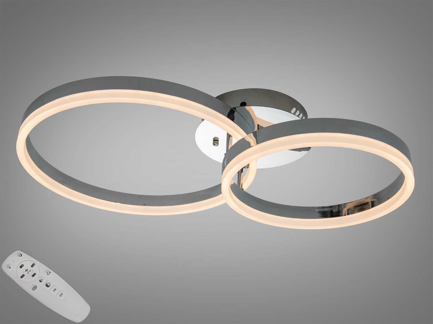 Стельовий світильник з пультом дистанційного керування, має два LED кільця, що перетинаються, для зручності в управлінні освітленням.