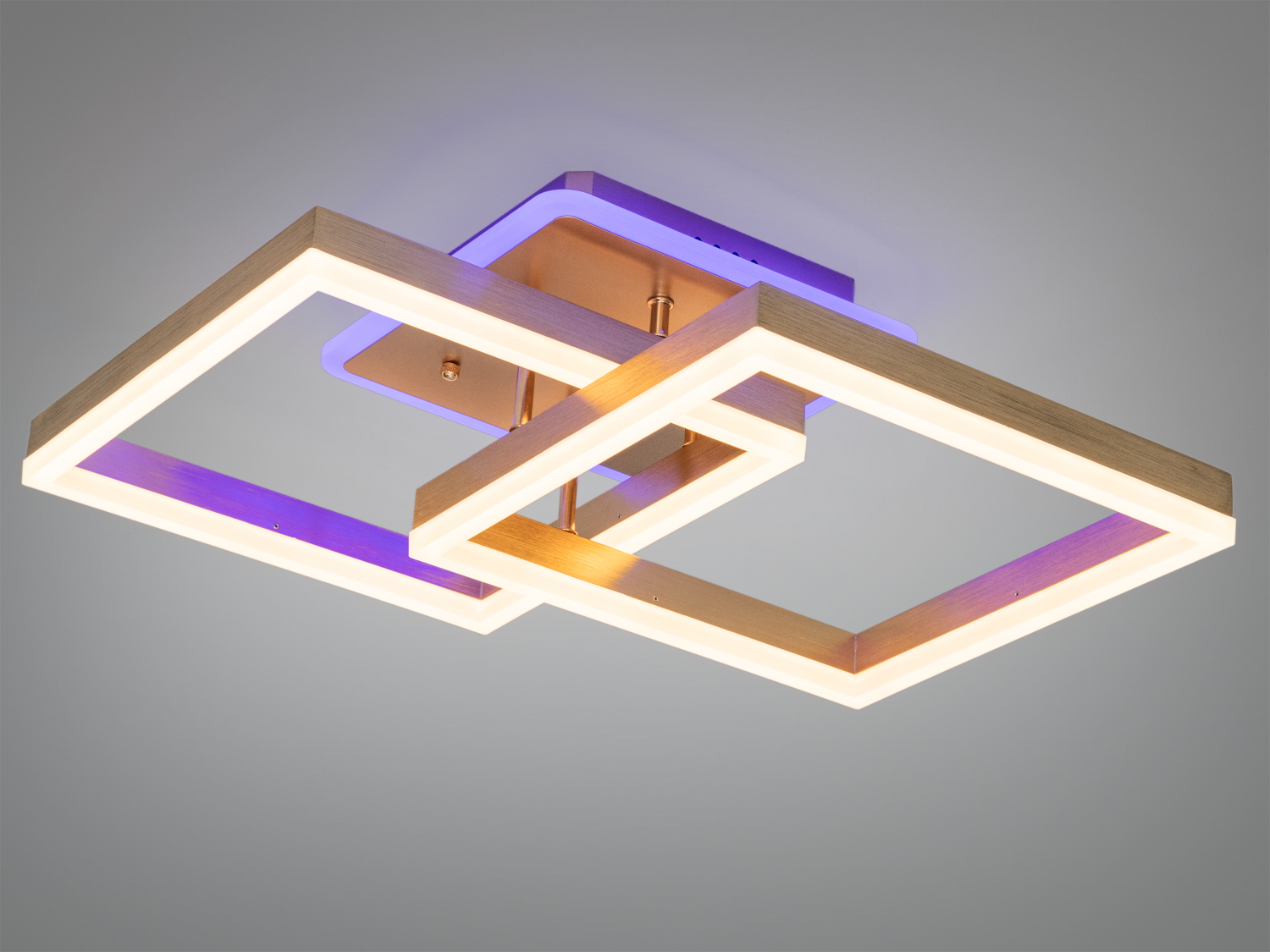 Стельовий світильник з двома квадратними рамами, підсвічування синього відтінку. Підходить для сучасного інтер’єру.