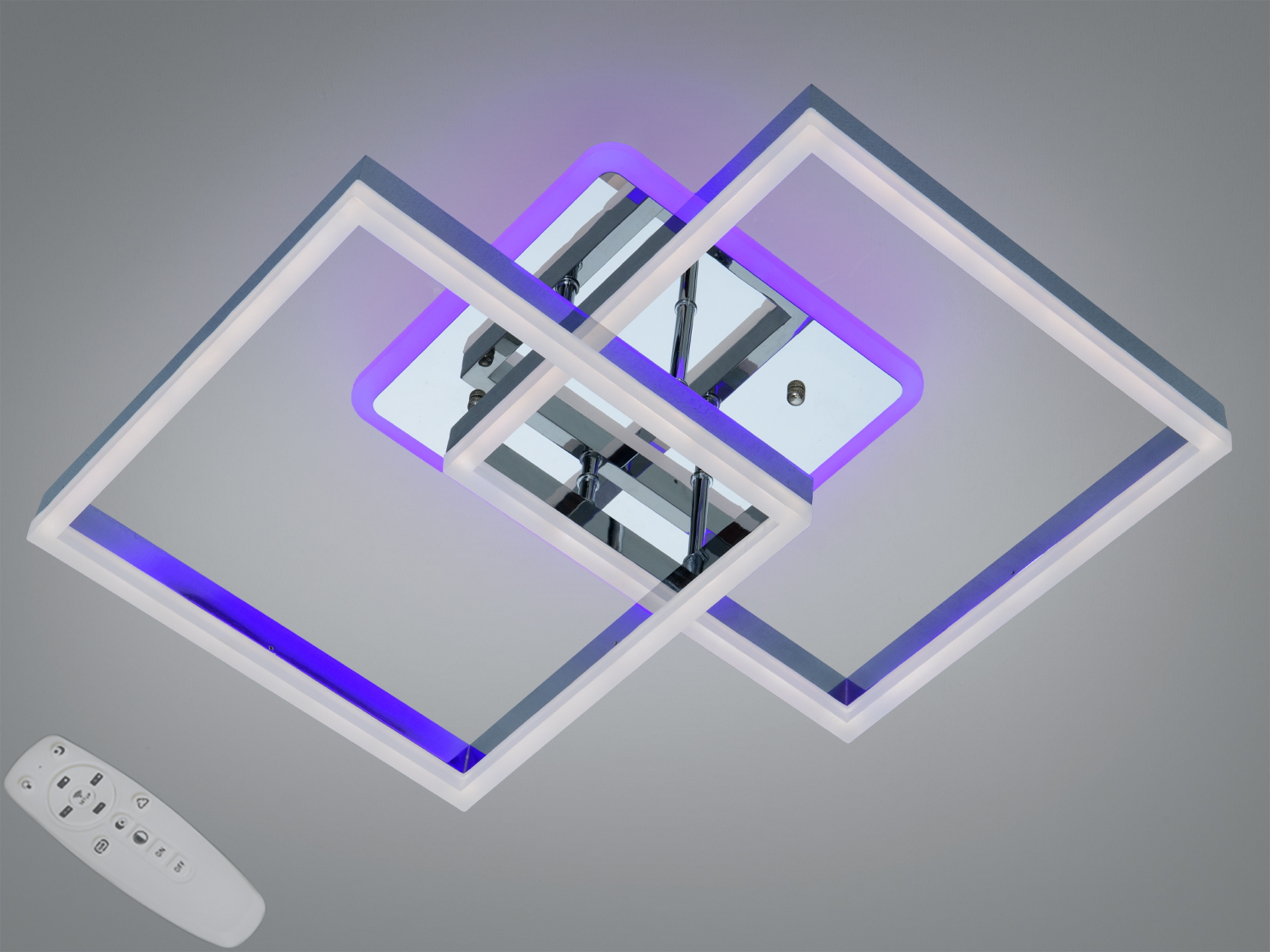 Світильник з квадратними рамами та пультом дистанційного керування. Підсвічування фіолетового кольору додає стильності.