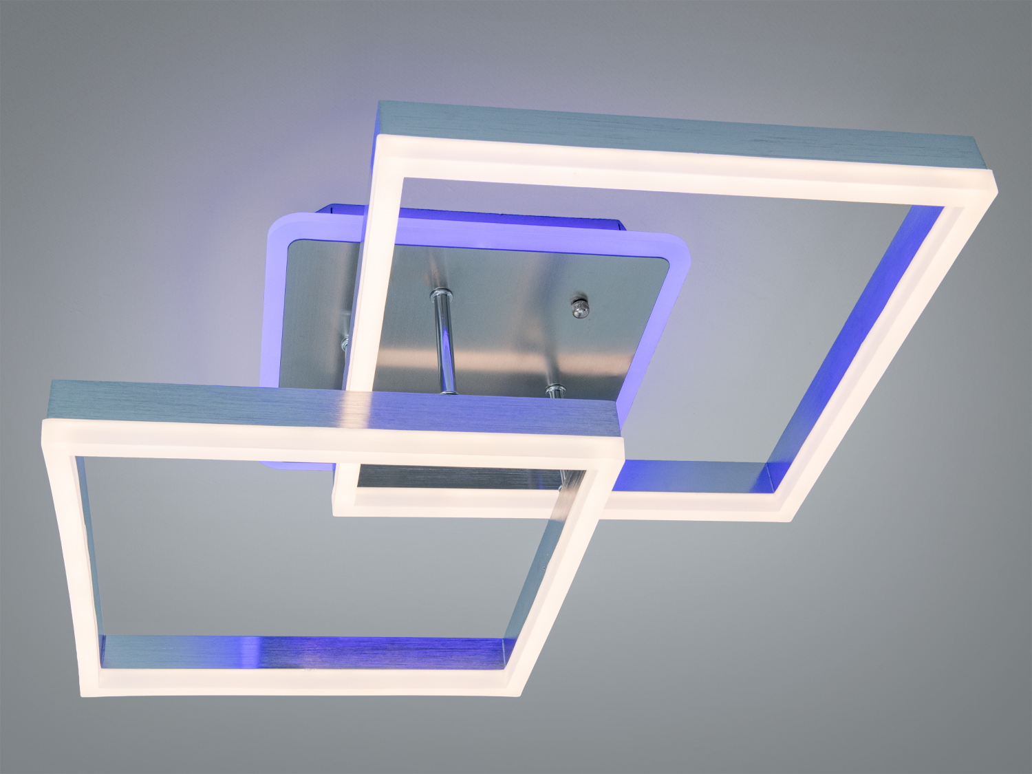 Стельовий світильник з двома квадратними рамами, підсвічений синім кольором. Ідеальний для створення атмосфери в сучасних приміщеннях.