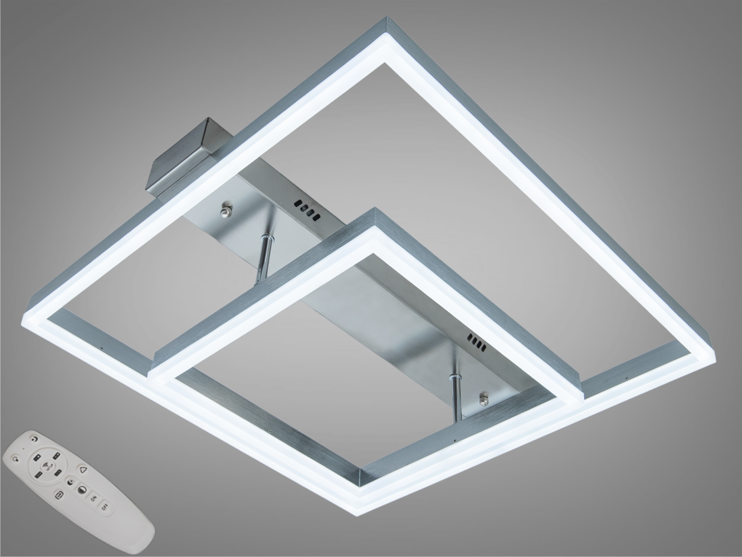 Стельовий світильник з квадратними рамками та пультом дистанційного керування. Ідеально для інтер’єру з високими стелями.