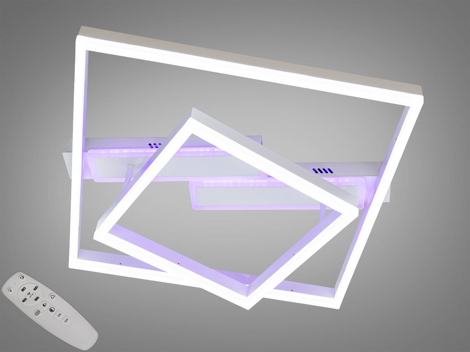Стельова LED люстра Diasha 85W, біла. Два квадратні модулі, пульт і димер, триколірна підсвітка основи. Рекомендована для кімнат до 15 м².