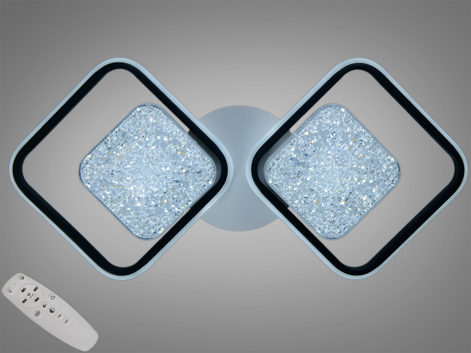 Світильник з дистанційним керуванням, два квадратні елементи, чорна рамка. Підходить для сучасного інтер’єру.