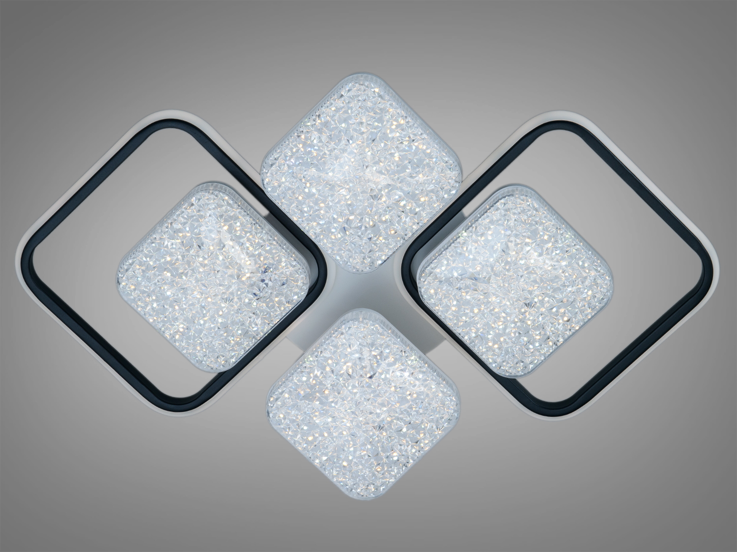 Світильник з чотирма квадратними елементами, що випромінюють м’яке світло. Підходить для сучасного інтер’єру.