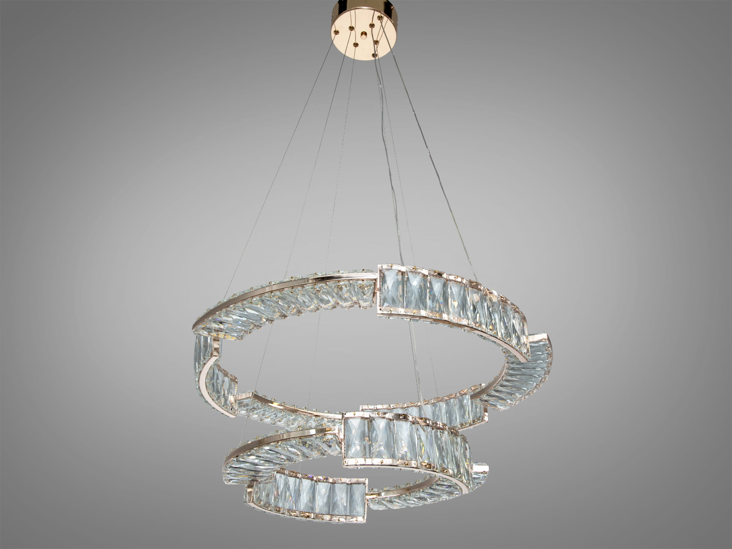 Підвісна люстра з 2 кільцями, оздоблена кристалами, підходить для сучасного інтер’єру.