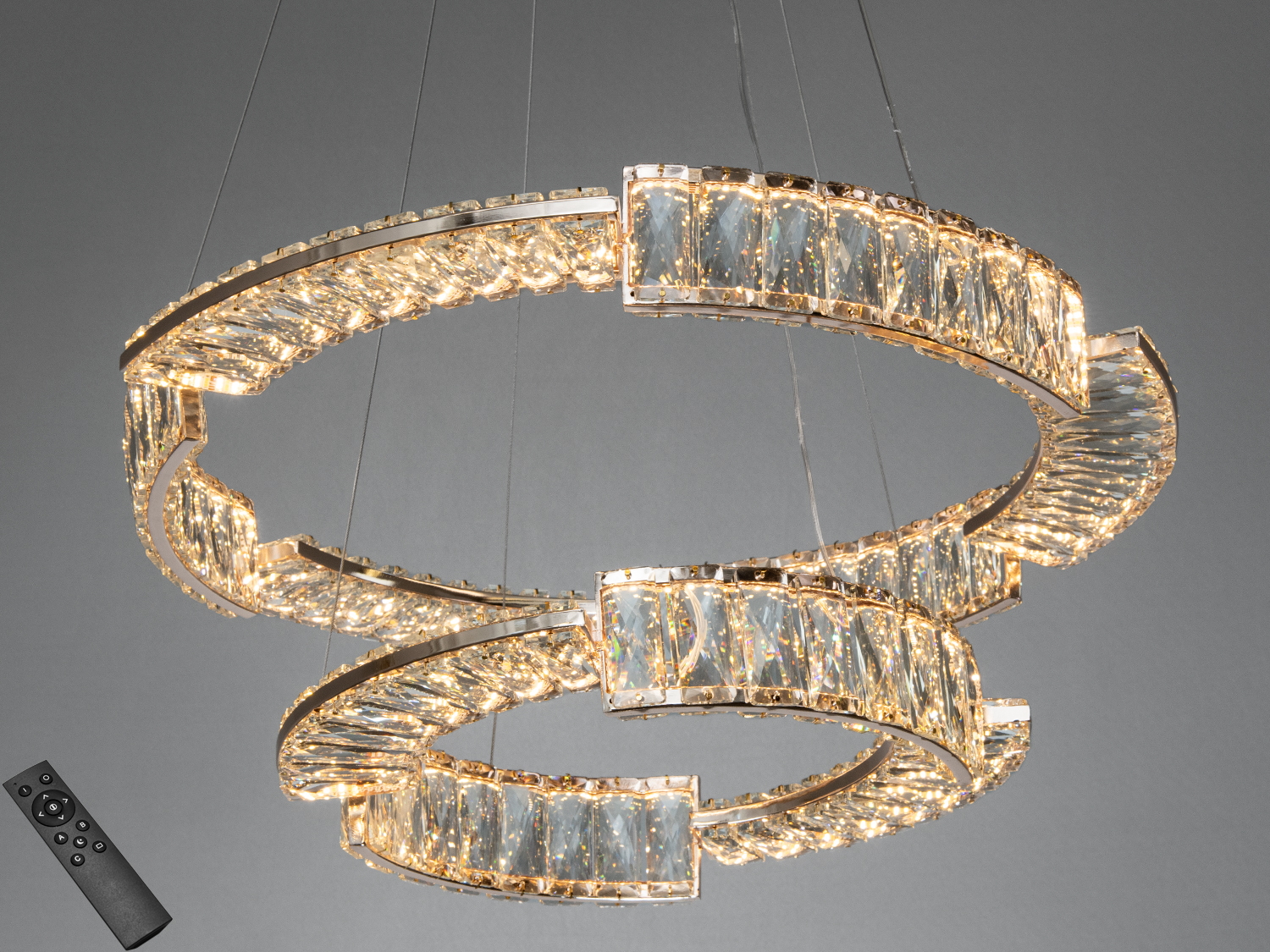 Підвісна люстра з дистанційним керуванням, 2 кільця з кристалами для стильного освітлення.