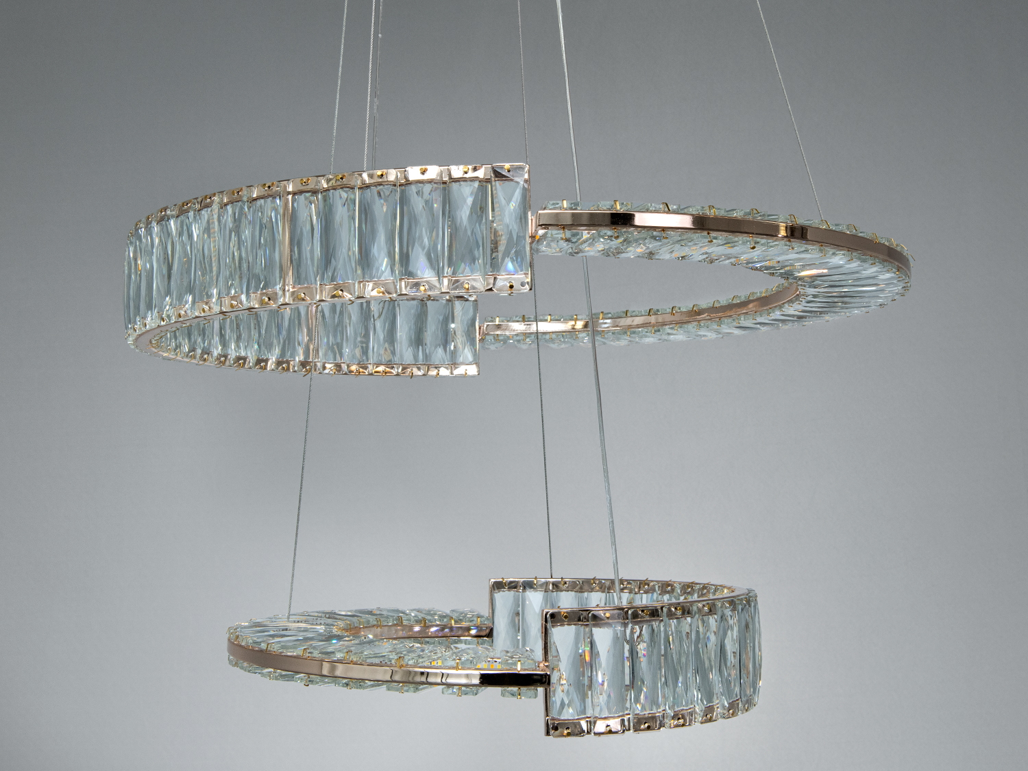 Світлодіодна люстра підвісна LED золото 103 Вт два кільця з кришталем