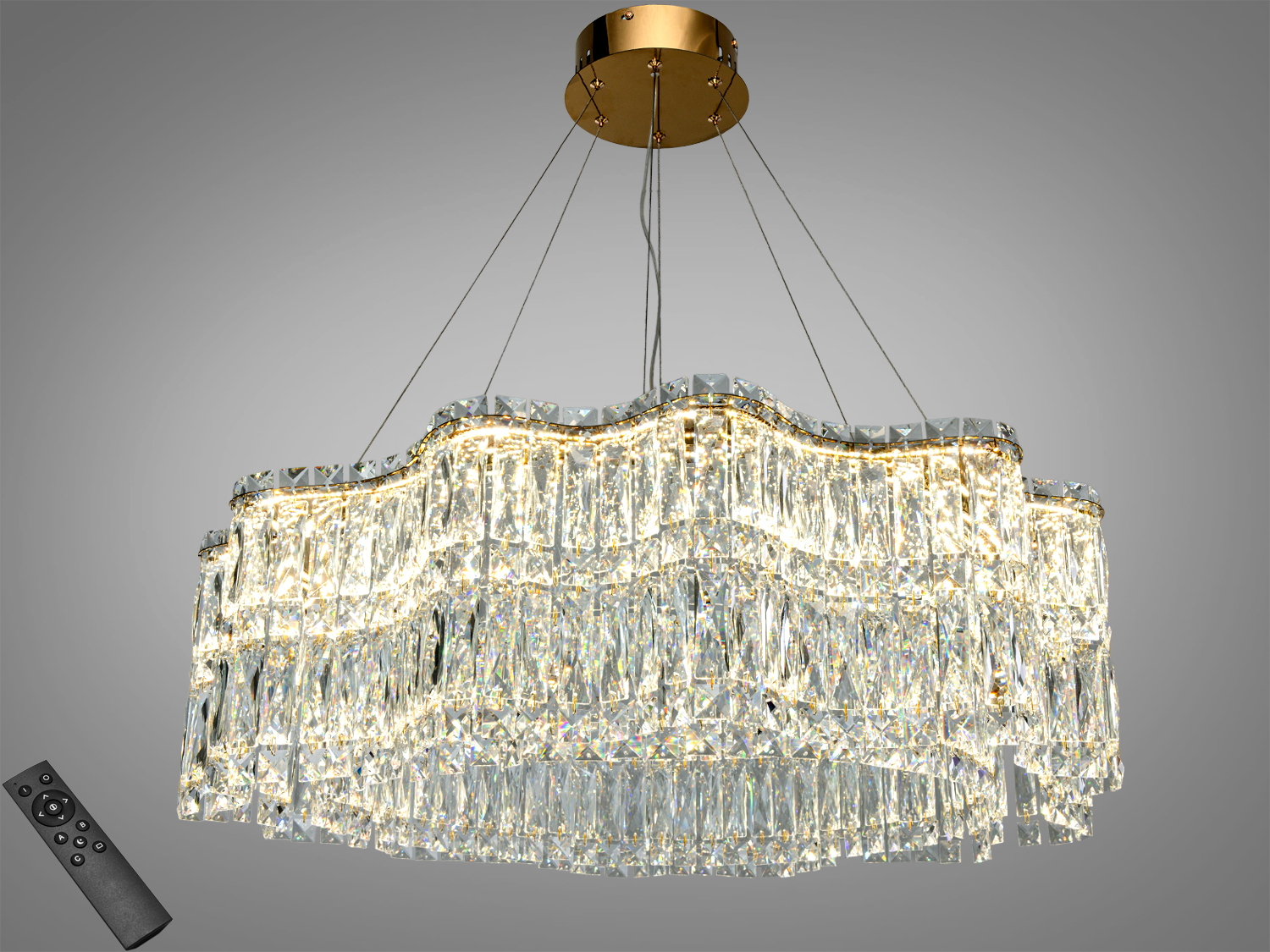 Підвісна кришталева LED люстра, колір золото, 125 Вт, 6875 лм. Три режими 3200K/4100K/6500K, керування пультом і настінним вимикачем. Для кімнат до 22 м².