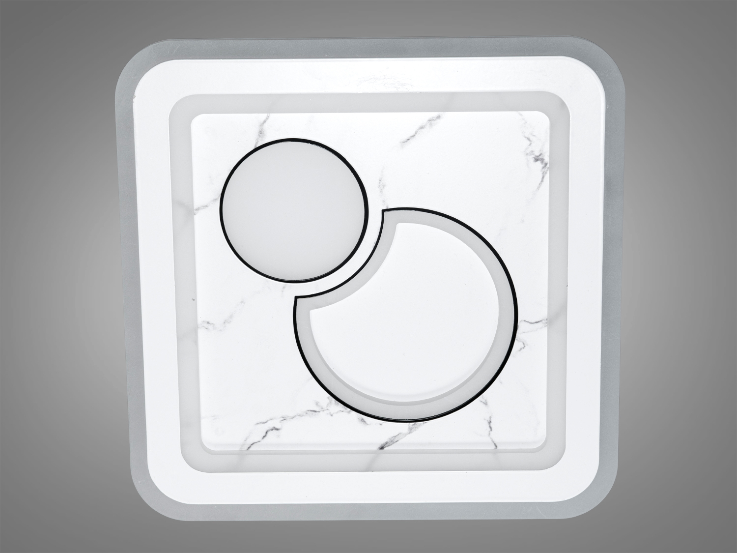 Квадратна світлодіодна панель з мармуровим візерунком і двома круглими елементами. Підходить для сучасного інтер’єру.