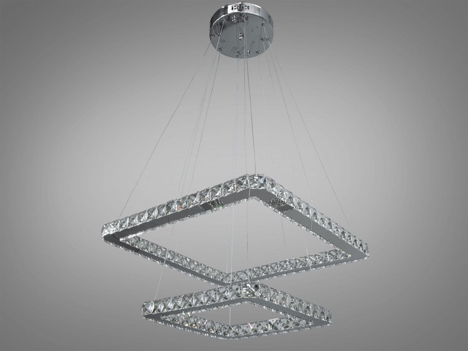 Підвісний світильник з двома квадратними плафонами, виконаними з прозорого кришталю, підходить для сучасного інтер′єру.