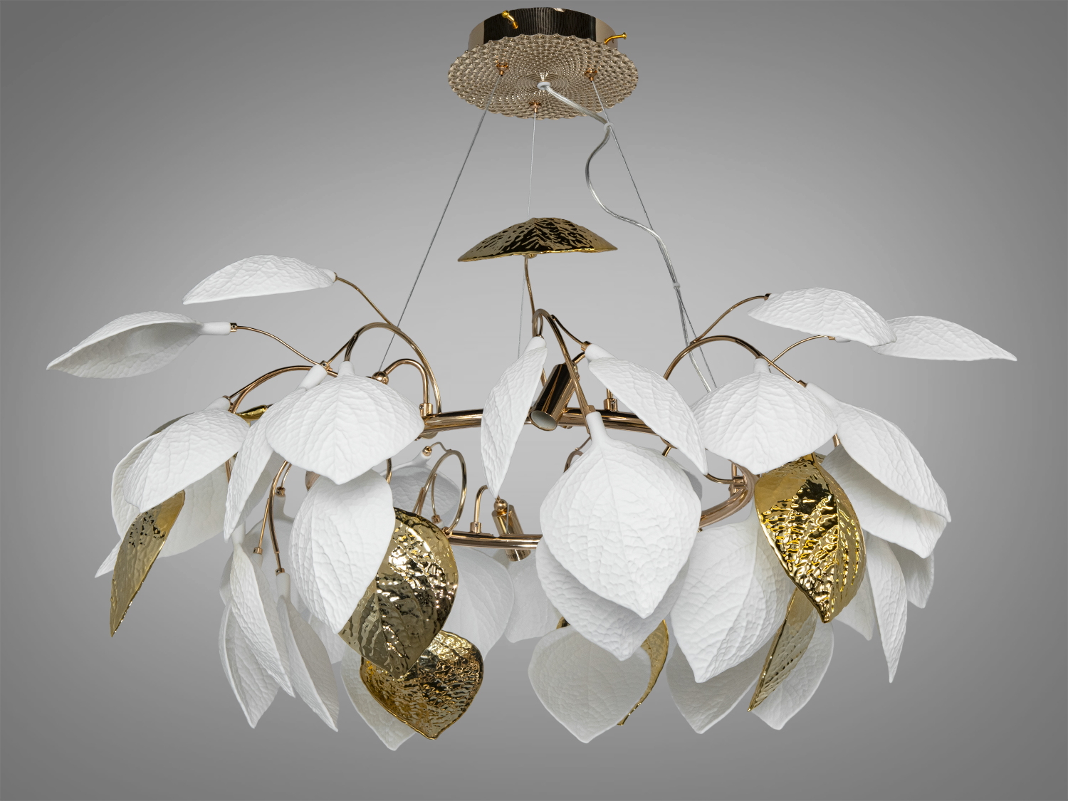 Підвісна люстра Diasha з керамічними листками в золотистому кольорі на 8 ламп E14, діаметром 85 см для кімнат до 15 м².
