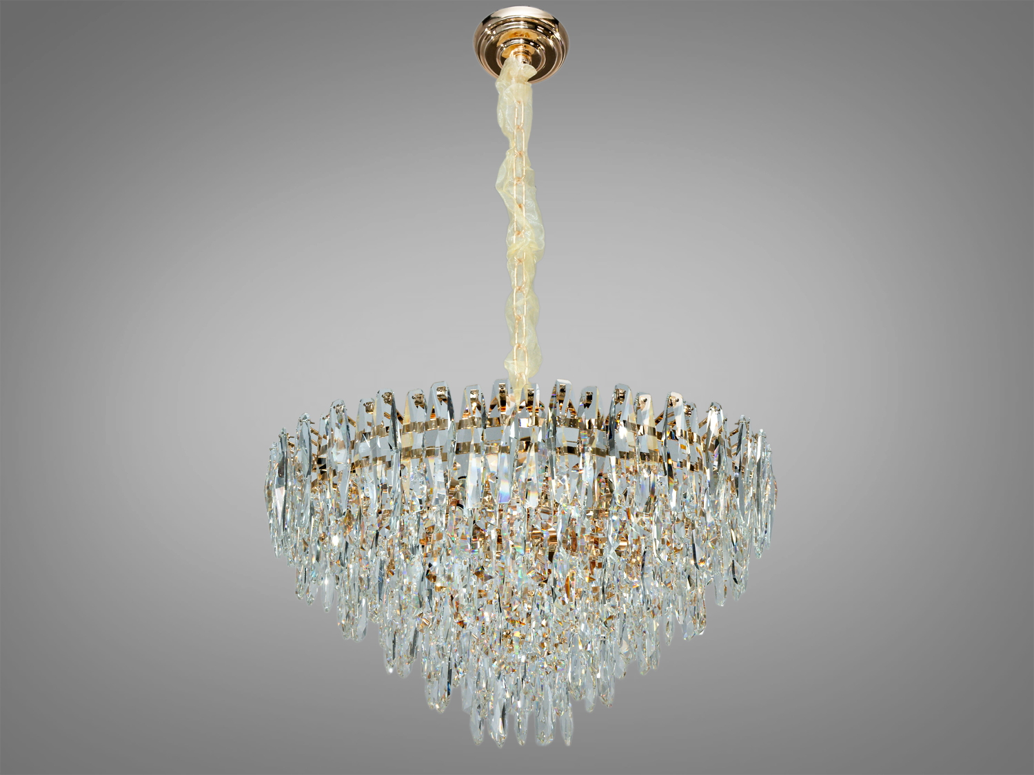 Підвісна кришталева люстра, золото, 13xE14. Кругла форма, металевий каркас, кришталеві підвіски, площа освітлення до 26 м², монтаж на планку, регульована висота.