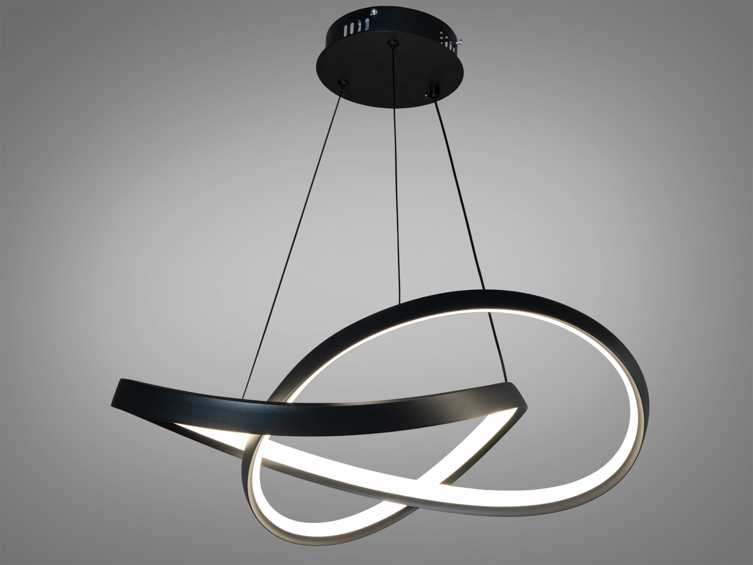 Підвісний світильник з асиметричними кільцями, чорний колір. Виготовлений з металу, підходить для сучасних просторів.
