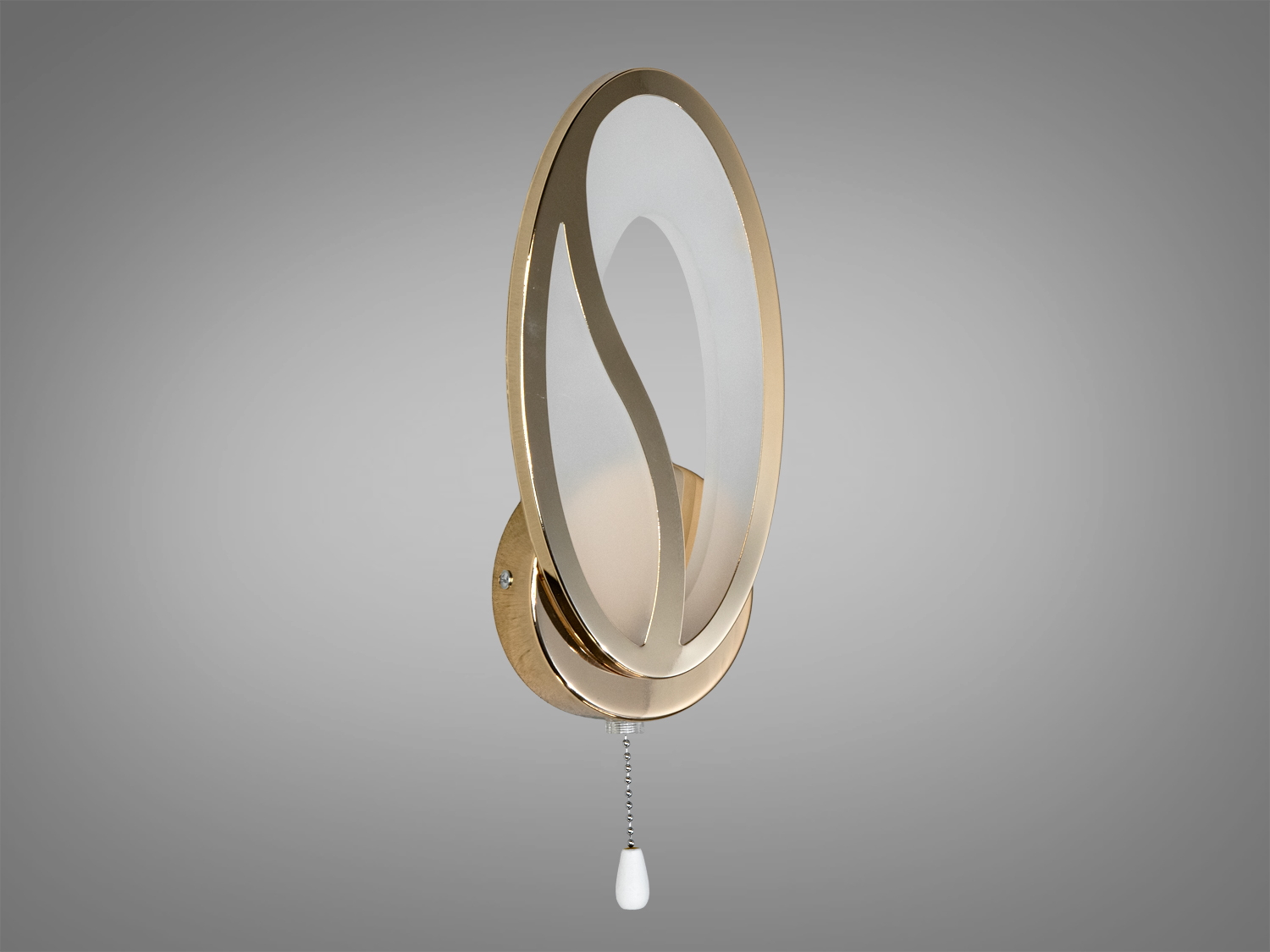 Настінний світильник з овальною формою, виконаний з металу. Має матове покриття та ланцюжок для ввімкнення. Підходить для сучасних інтер’єрів.