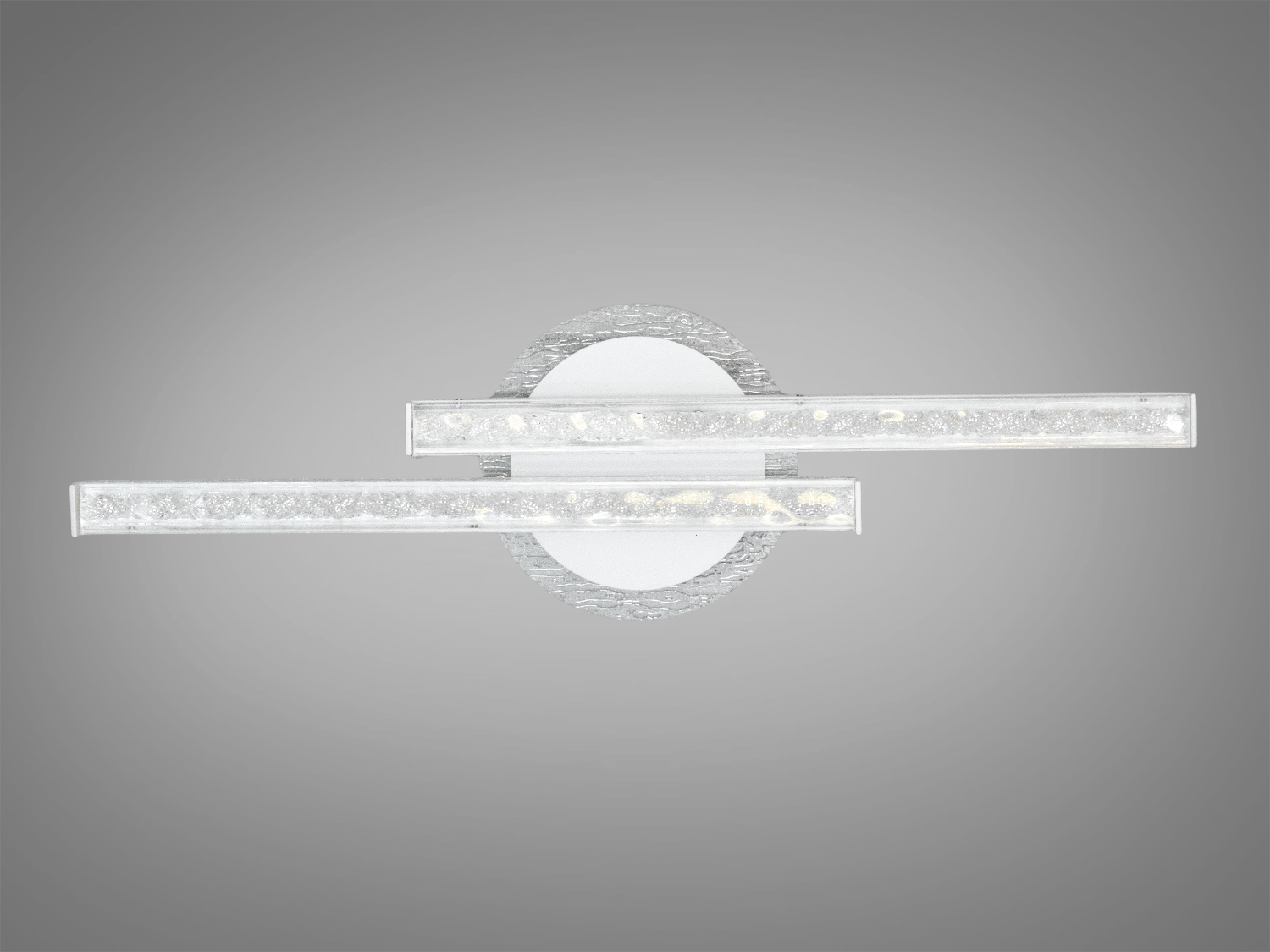 Горизонтальний настінний світильник з двома LED-смугами, розташованими на круглій основі. Ідеальний для освітлення коридорів.