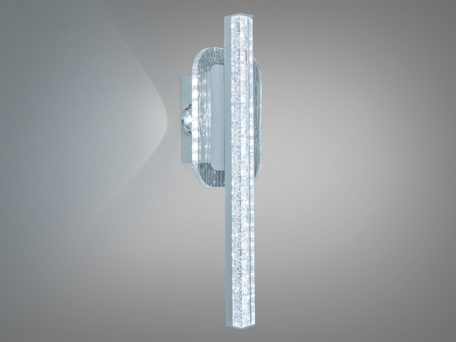 Настінний світильник з вертикальною формою, прозорий матеріал, вбудовані світлодіоди, підходить для освітлення вітальні, сучасний дизайн.