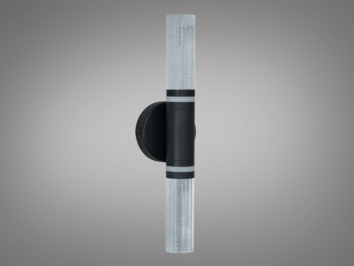 Настінний світильник з подвійними циліндричними плафонами, бульбашки всередині. Чорна кругла основа, підходить для коридорів.