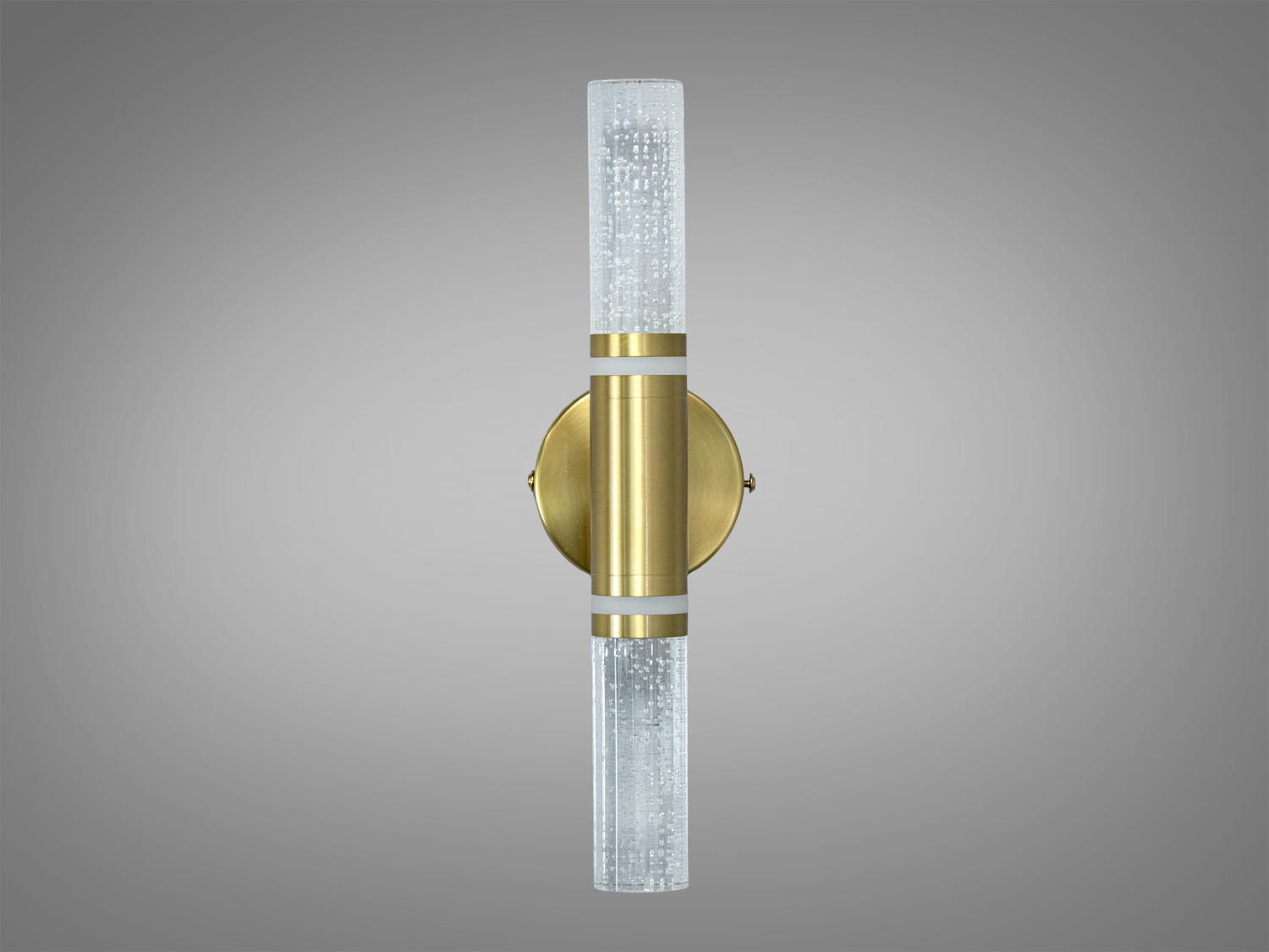 Настінний світильник з вертикальними прозорими циліндрами, що створюють бульбашковий ефект. Золотистий монтаж, ідеальний для коридорів.