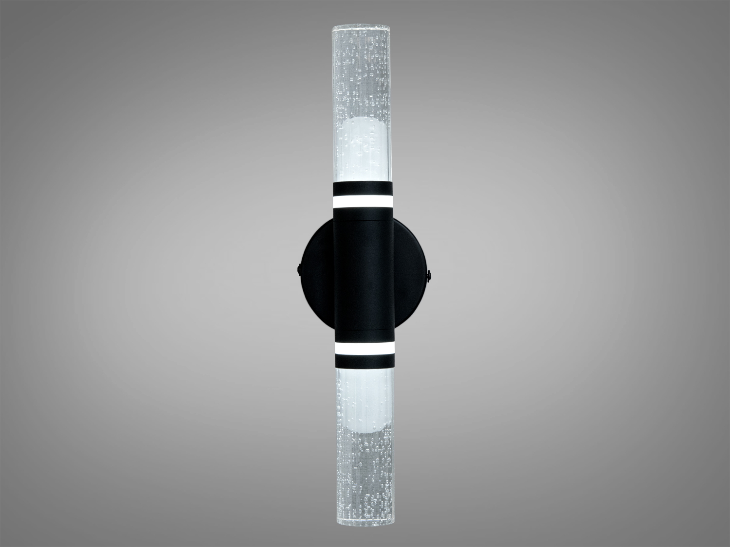 Вертикальний світильник з прозорого скла з бульбашками, чорний металевий кріплення, забезпечує рівномірне освітлення.