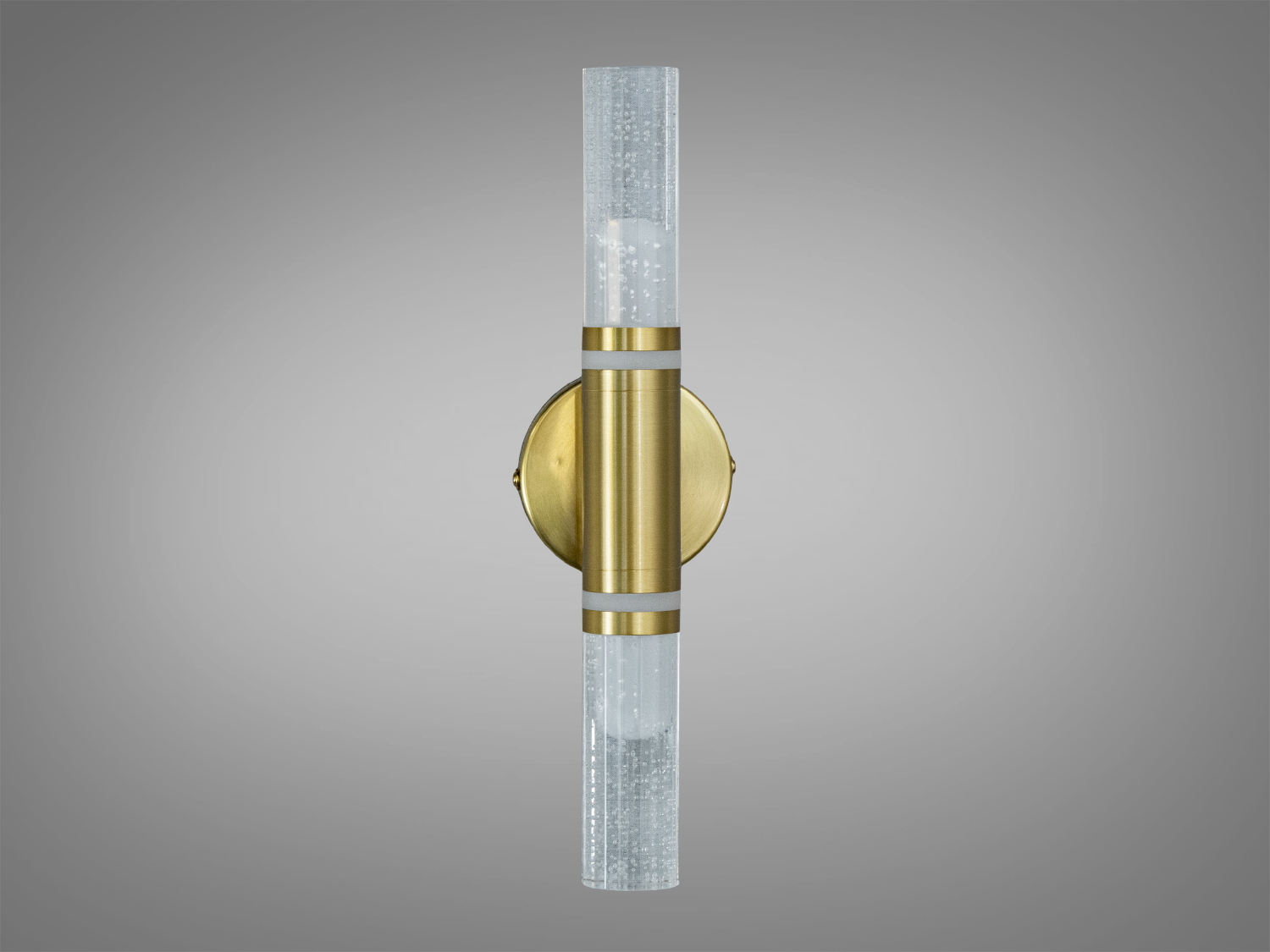 Настінний світильник з вертикальним циліндричним дизайном, виготовлений з прозорого скла з бульбашками та металевою основою золотого кольору.