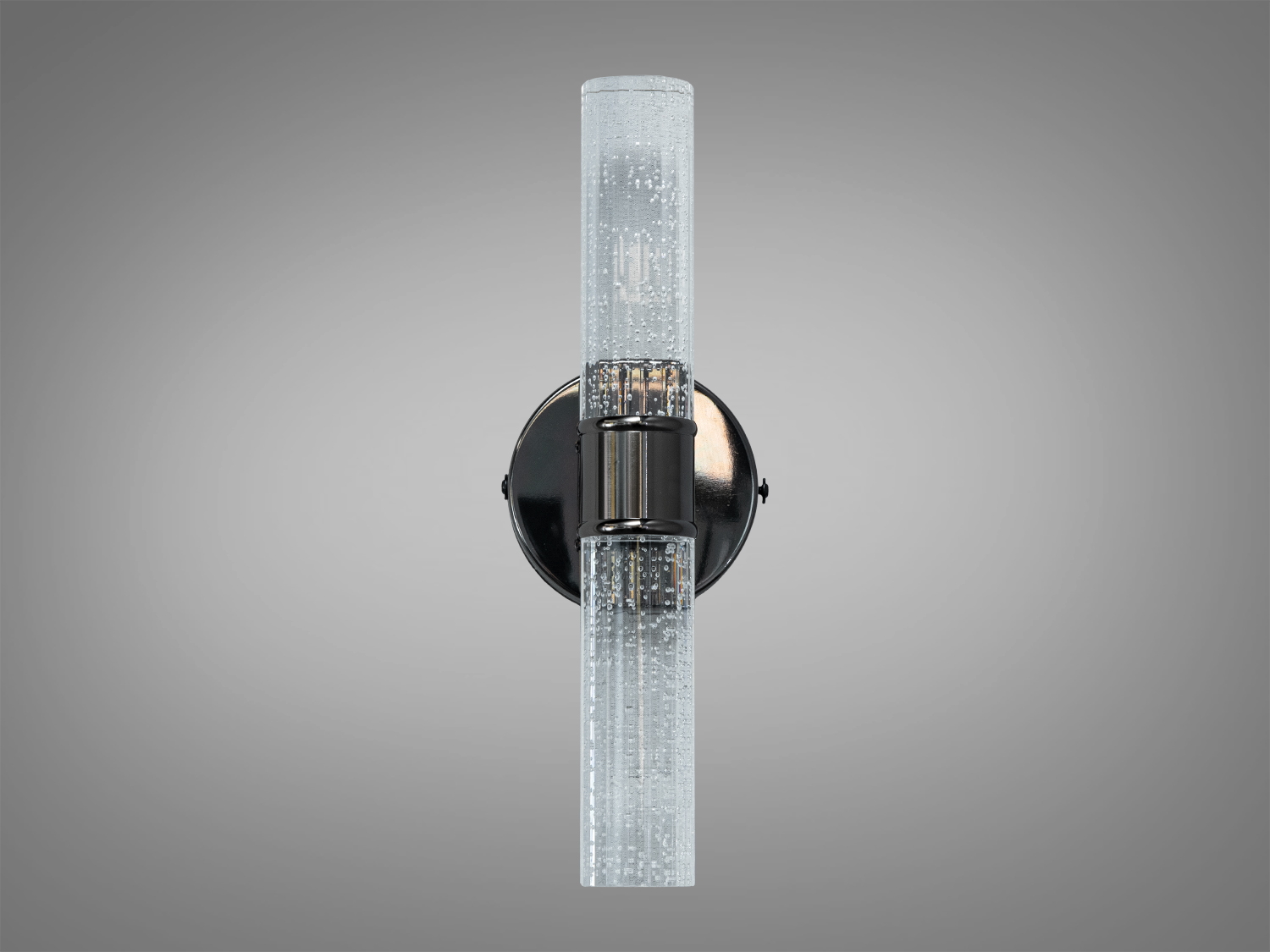 Вертикальний світильник з прозорим циліндром, наповненим бульбашками. Кріпиться на круглу основу, підходить для ванної кімнати або коридору.