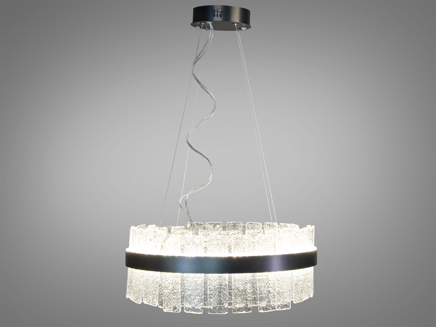 Підвісна люстра з сучасним дизайном, прозорі кришталеві елементи, чорний обід, підходить для спальні.