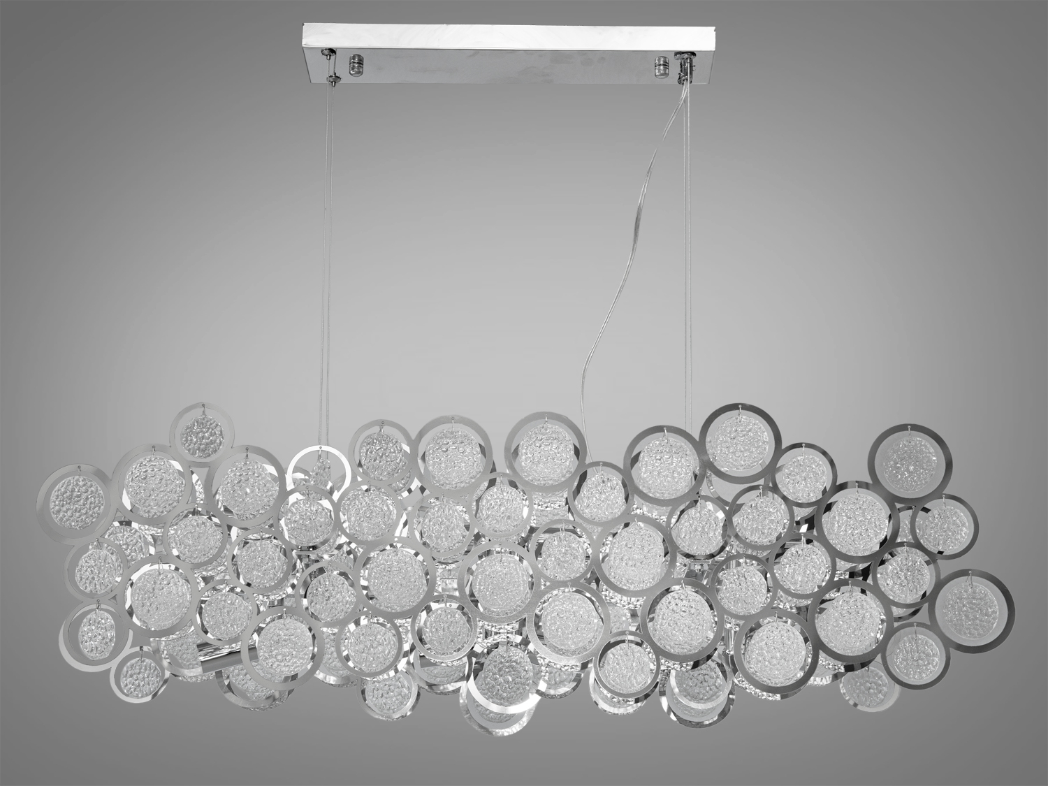 Підвісна люстра з круглими скляними елементами типу Артишок витягнутої форми, 8 ламп. Люстра додасть свіжості та лаконічності сучасному інтер`єру, де цінується функціональність і мінімалізм.