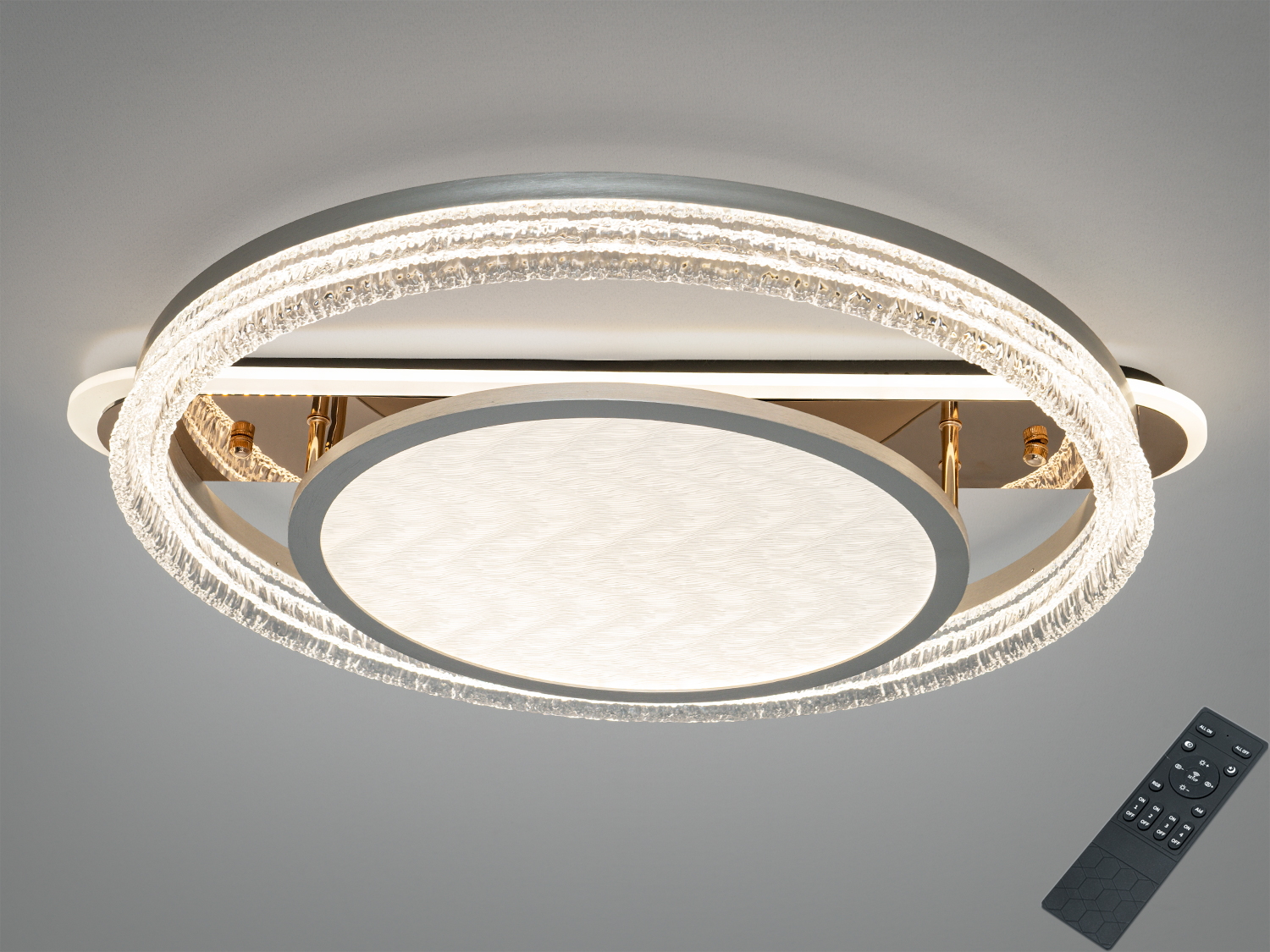 Стельова LED люстра Diasha, 100W, золото. Два акрилові кільця, пульт і настінний вимикач, три температури 3200К 4100К 6500К. Для освітлення до 17 м², мала висота від стелі, металевий каркас.