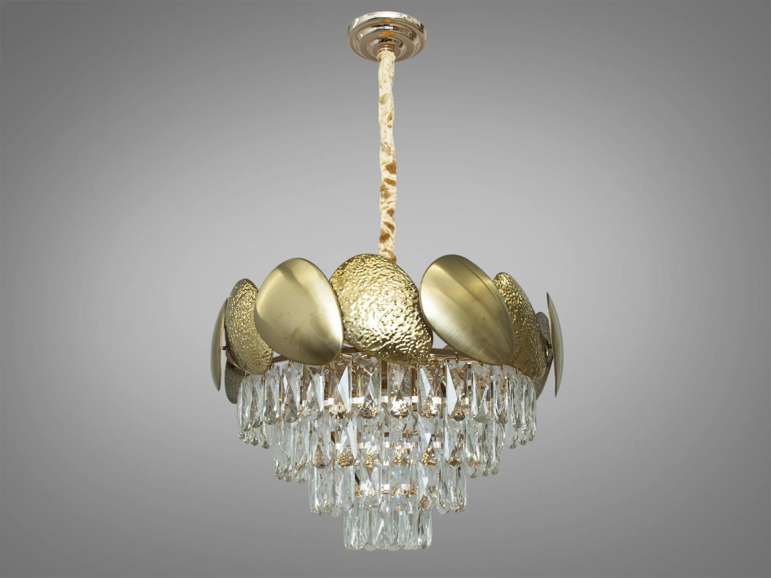 Стильна підвісна кришталева люстра в зал, колір золото, на 9 ламп