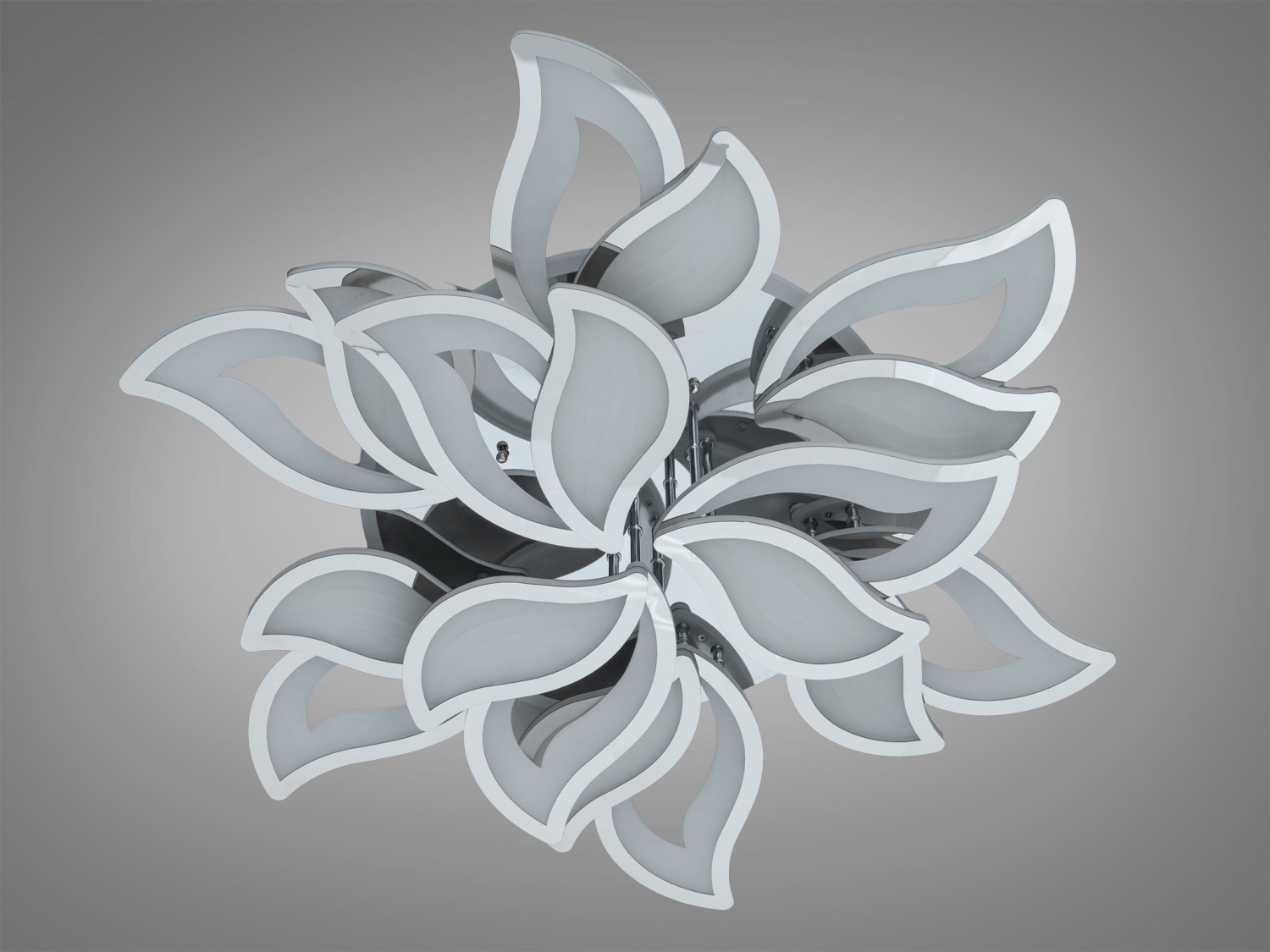 Світильник з пелюстковим дизайном, виготовлений з металу, підходить для стельового монтажу в сучасних інтер’єрах.