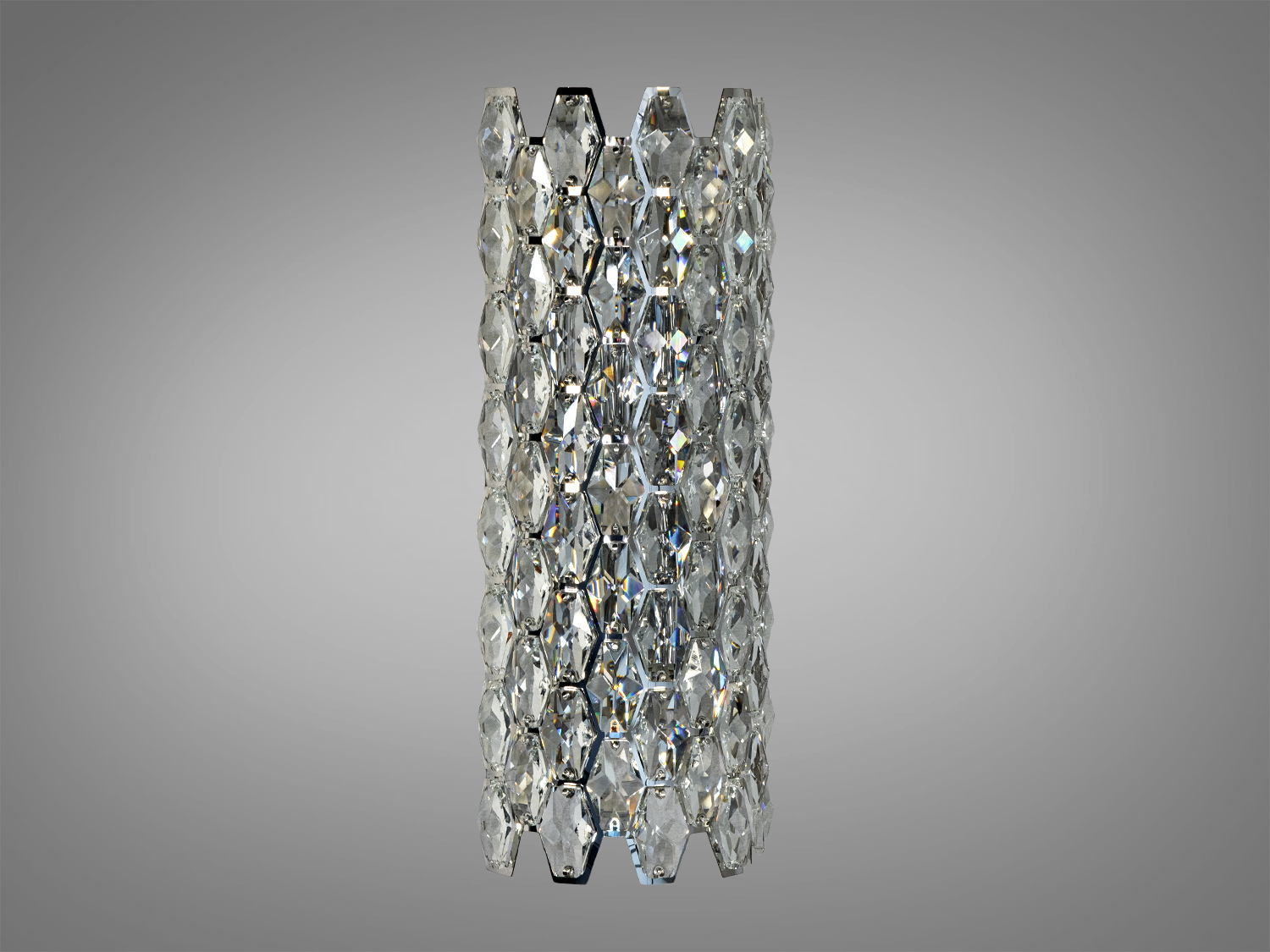 Настінний світильник з прозорими кристалами, що відбивають світло, має циліндричну форму, підходить для сучасних інтер′єрів.
