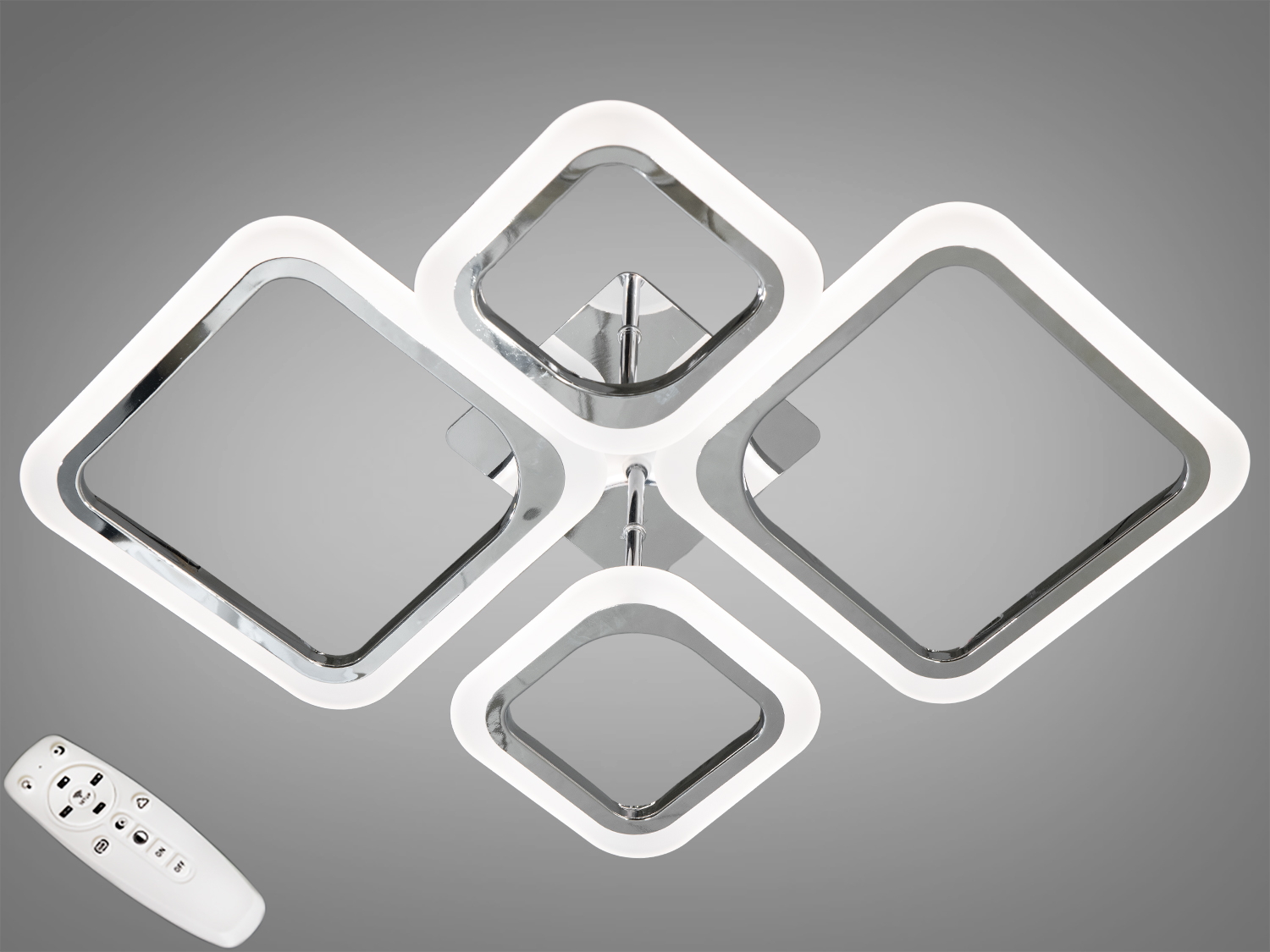 Стельовий світильник з квадратними LED-елементами та пультом дистанційного керування для регулювання яскравості. Підходить для вітальні.