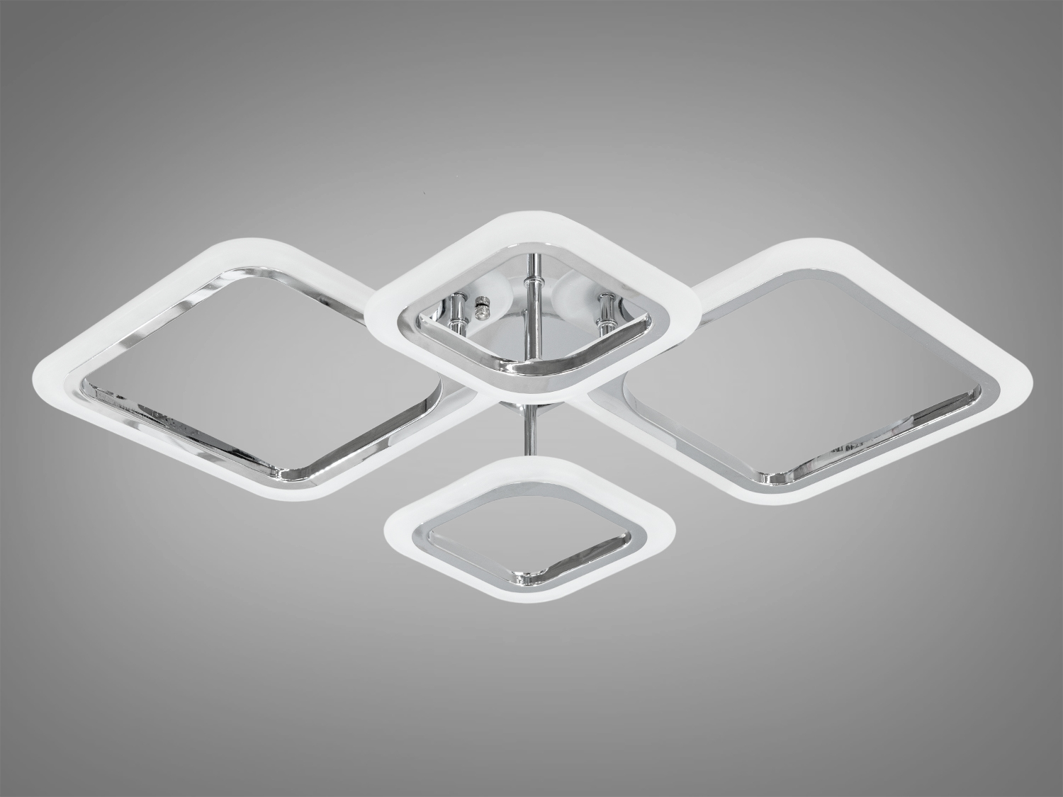 Стельовий світильник з чотирма квадратними LED-елементами, що мають хромовану обробку. Ідеально підходить для офісу.