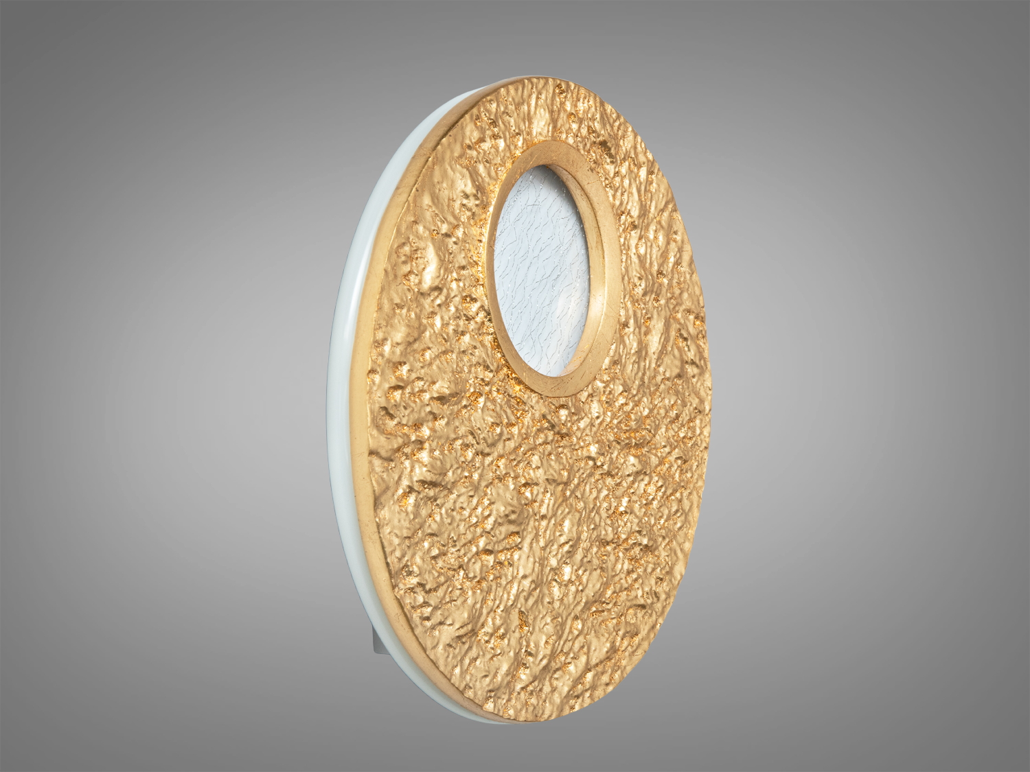 Настінний світильник з бічним кріпленням, рельєфна поверхня. Кругла форма з прозорим склом для декоративного освітлення інтер’єру.