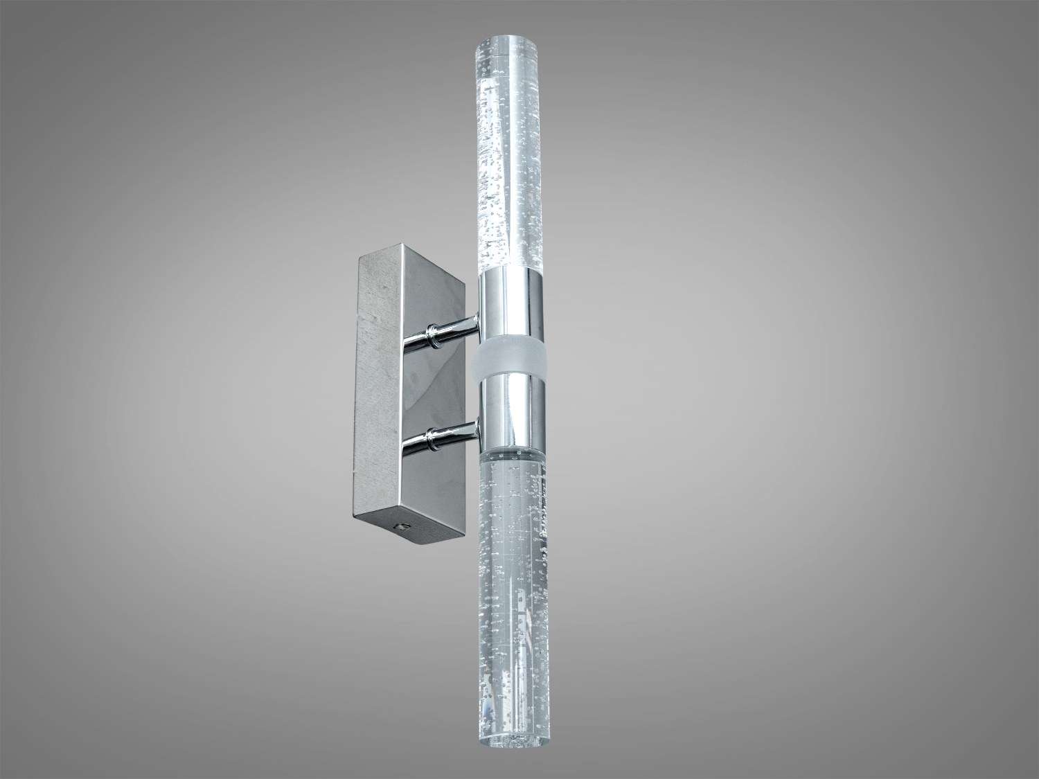 Настінний світильник з двома прозорими трубками, заповненими бульбашками, і хромованим кріпленням. Використовується для освітлення коридорів.