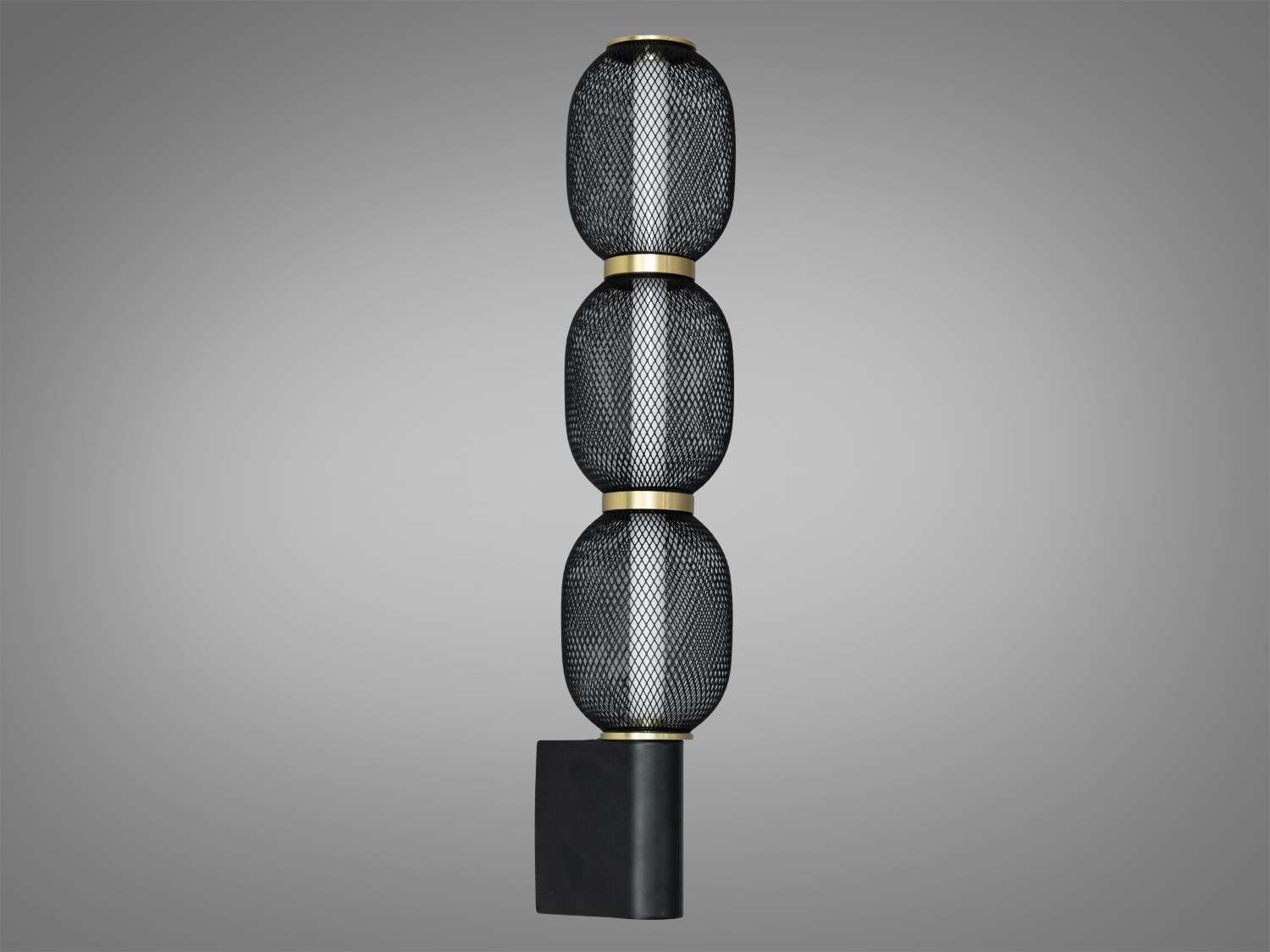 Настінний світильник з трьома чорними сітчастими абажурами, підходить для сучасного інтер’єру. Встановлюється вертикально на стіну.