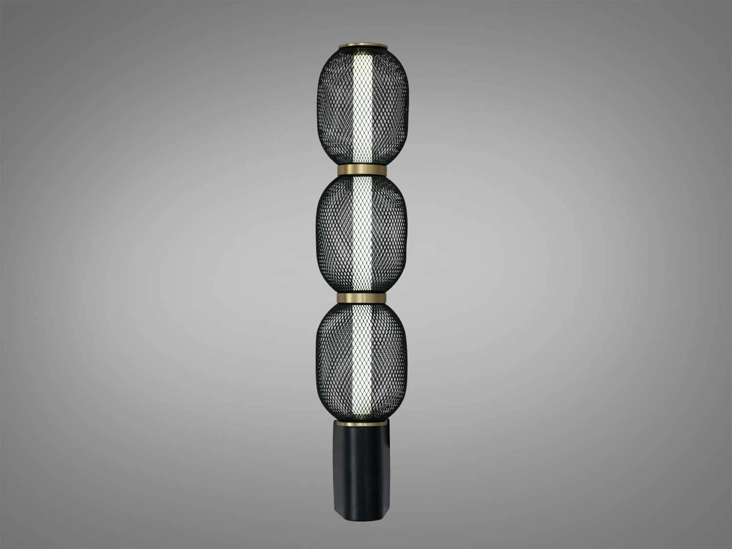 Вертикальний світильник з трьома сітчастими абажурами, що створює м’яке розсіяне світло. Ідеальний для вітальні або офісу.