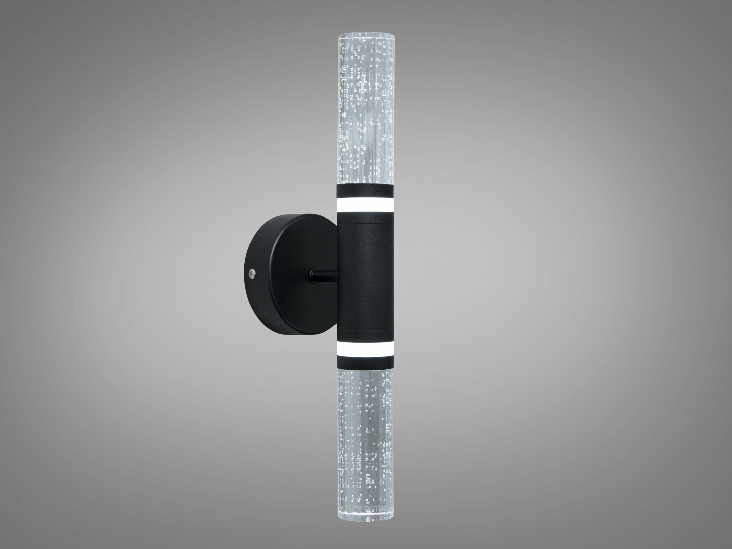 Настінний світильник з вертикальним монтажем. Прозорий плафон з бульбашками, чорна кругла основа. Підходить для ванних кімнат.