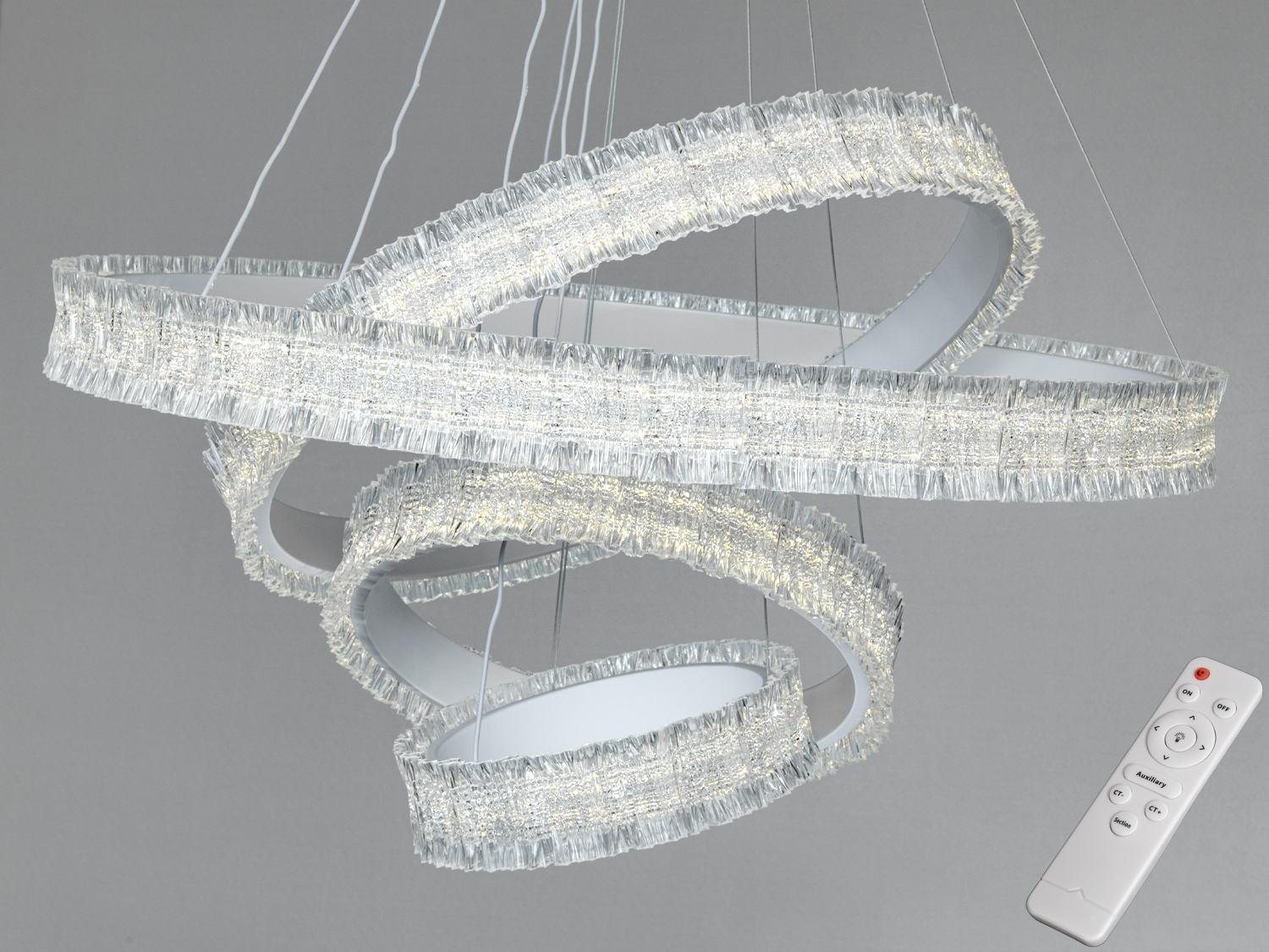 Люстра з дистанційним керуванням, що дозволяє змінювати інтенсивність світла. Ідеальна для вітальні.