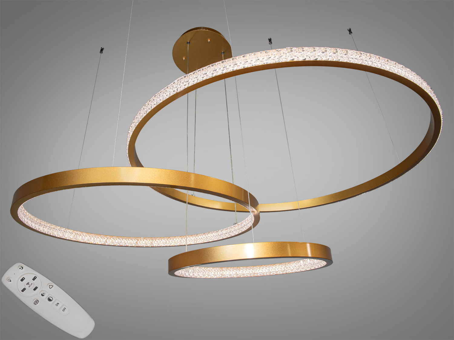 Підвісна LED люстра кільцями з диммером, золото, 125W на 18м2
