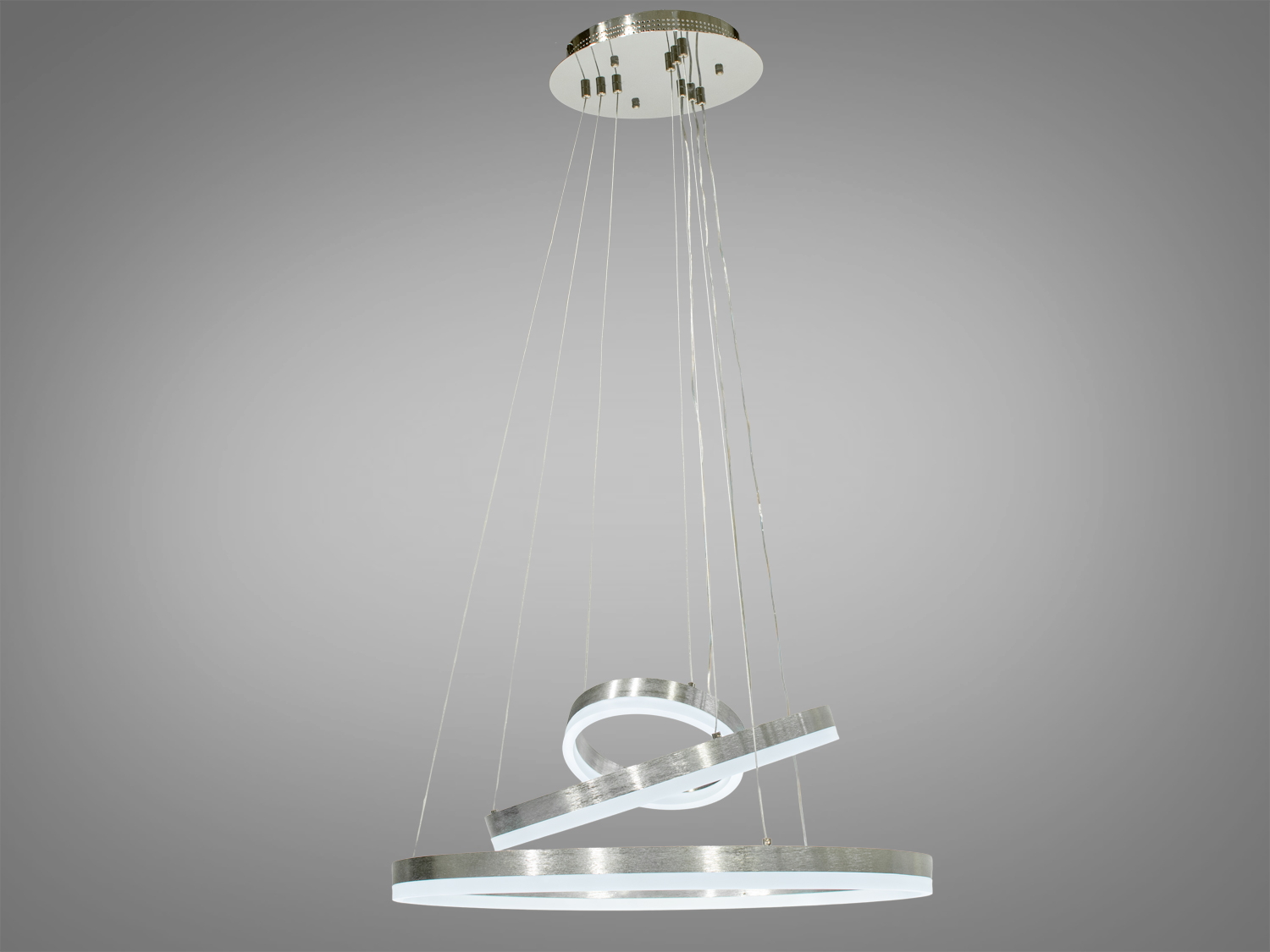 Сучасний світильник з кільцями різного діаметра, що підвішені на круглому кріпленні. Відмінний вибір для мінімалістичного дизайну.