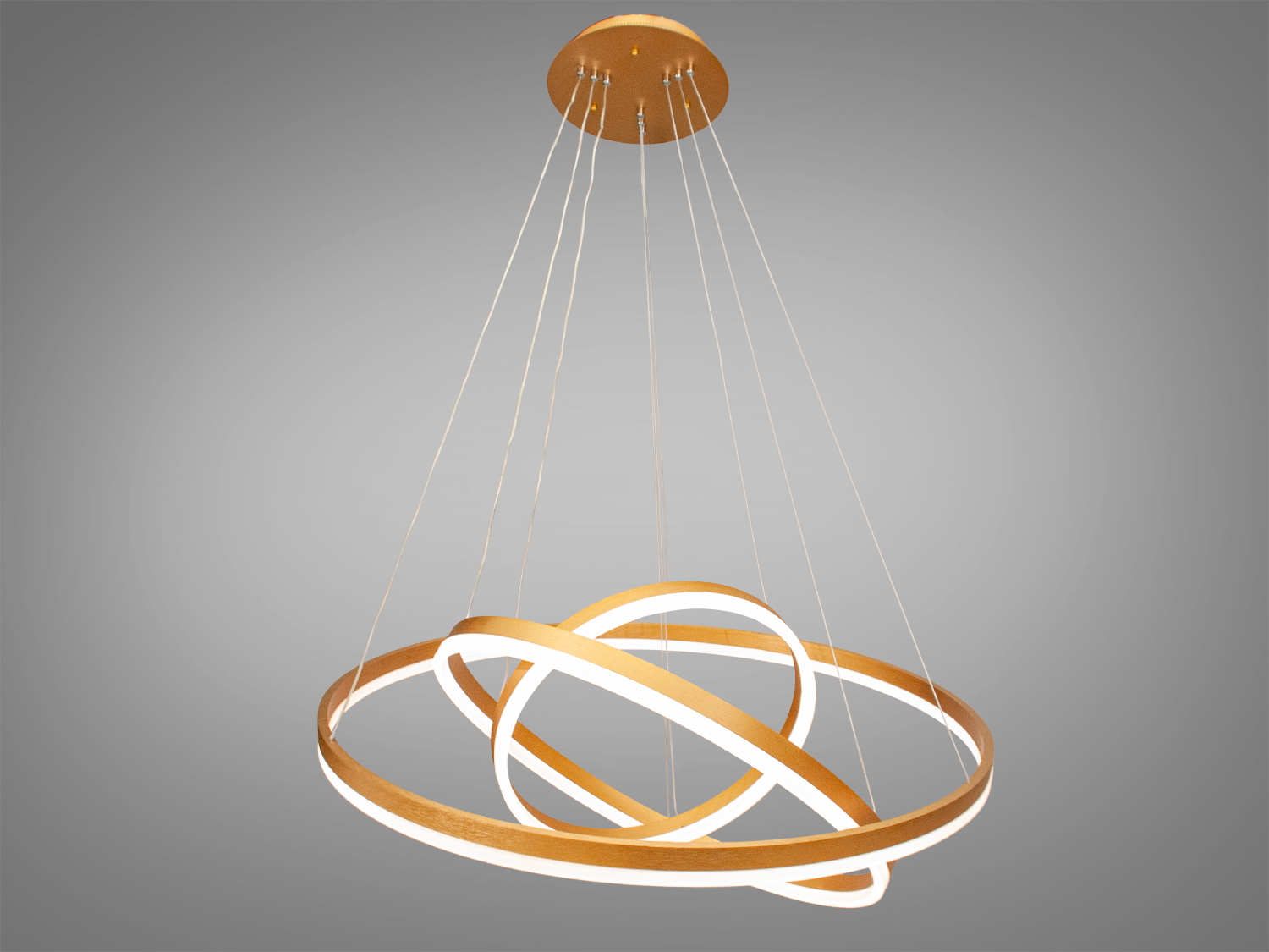 Підвісна LED-люстра D8174 золото, 160 Вт. Три кільця, пульт, димер та кольорова підсвітка з режимами. Регульована висота, алюміній і силіконовий розсіювач.