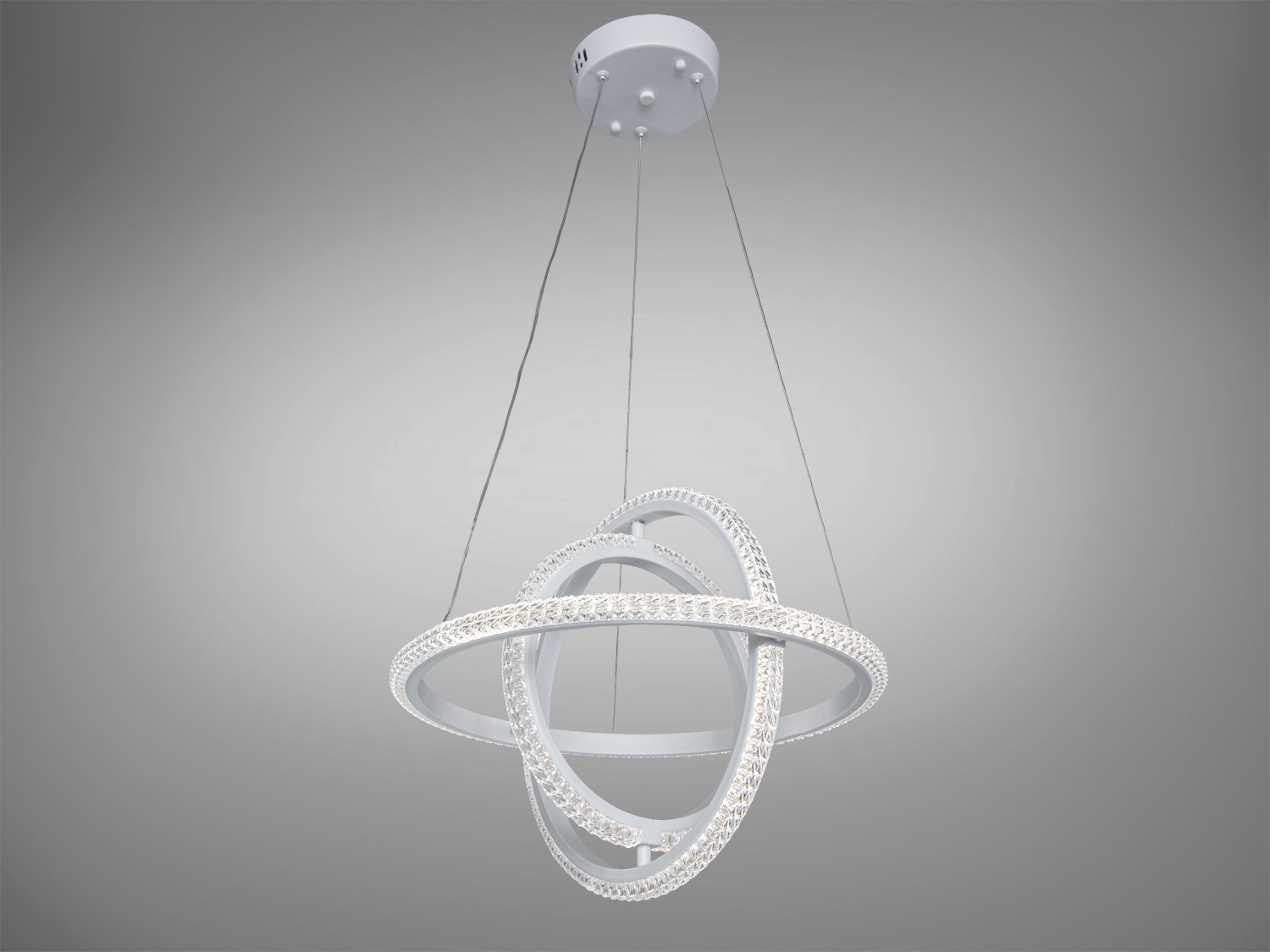 Світлодіодна підвісна люстра Diasha 46 Вт з трьома перехресними кільцями, біла, з кришталевими вставками та пультом дистанційного керування.